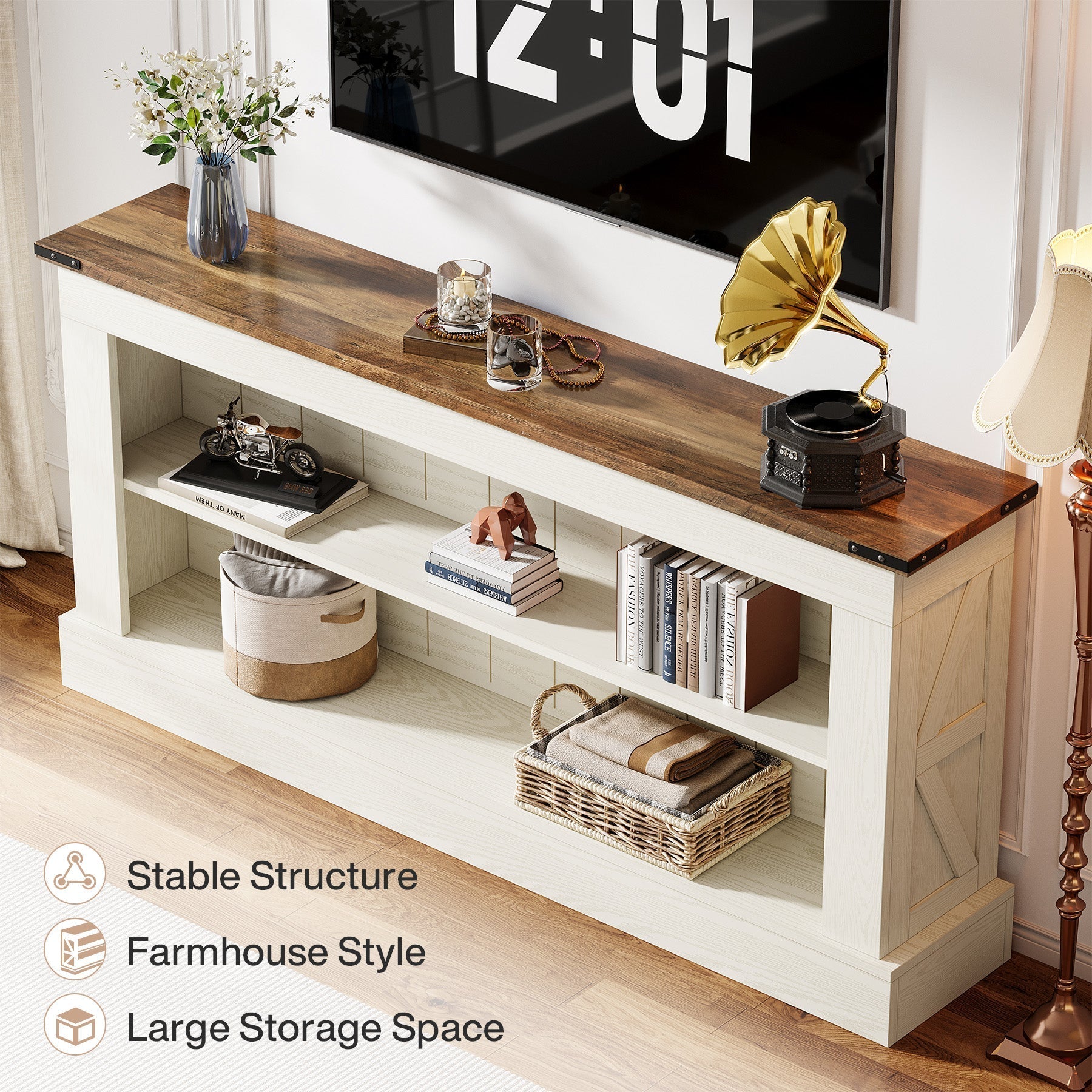 Tribesigns Meuble TV 160 cm, Console multimédia style ferme avec rangement
