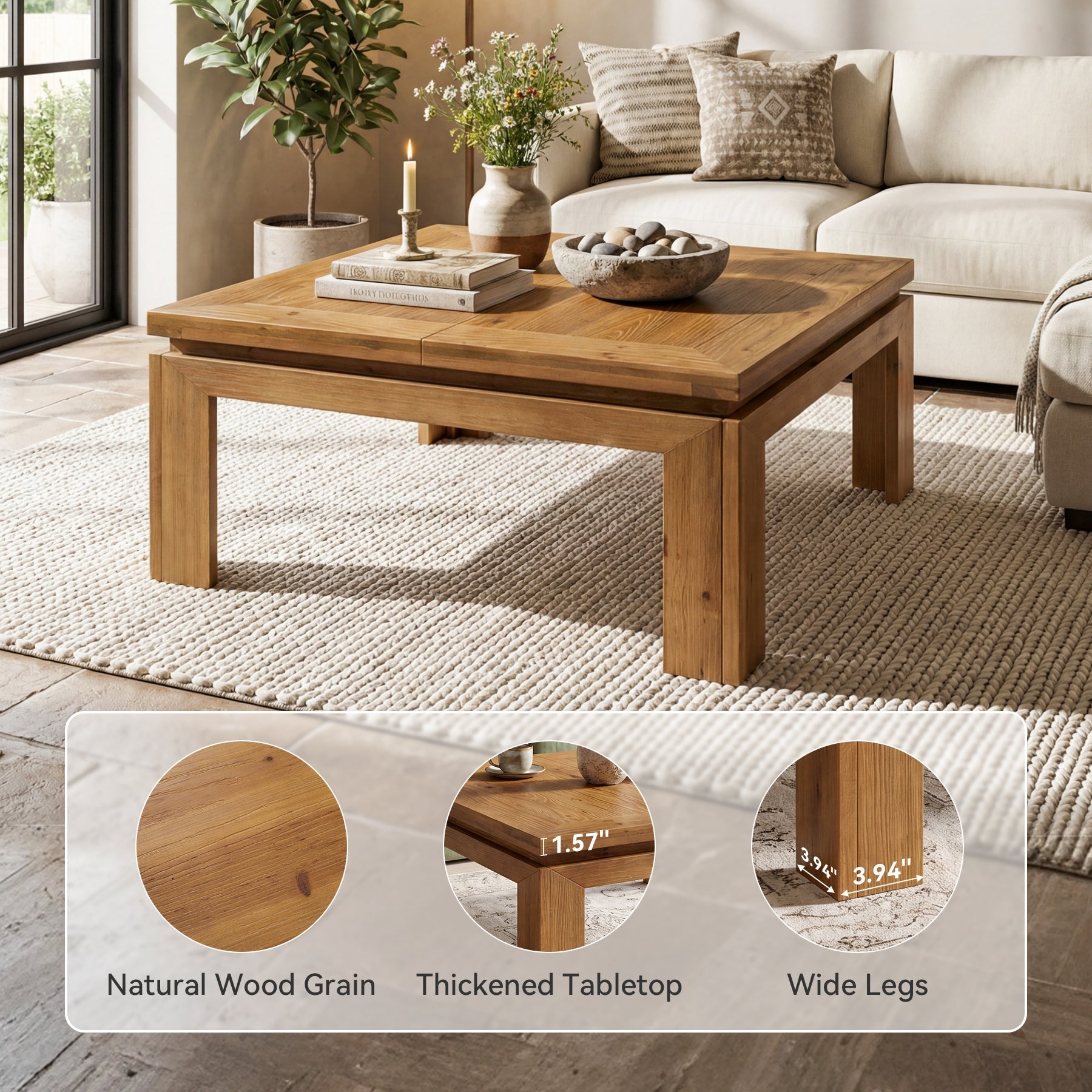 Tribesigns Table basse carrée en bois massif 100 x 100 x 46 cm avec bord en retrait, Style rustique, idéale pour le salon