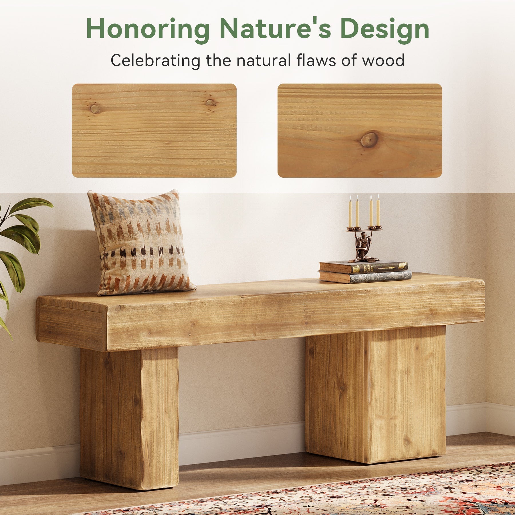 Massief houten halbank van 119 cm, Rustieke stijl met dikke zitting