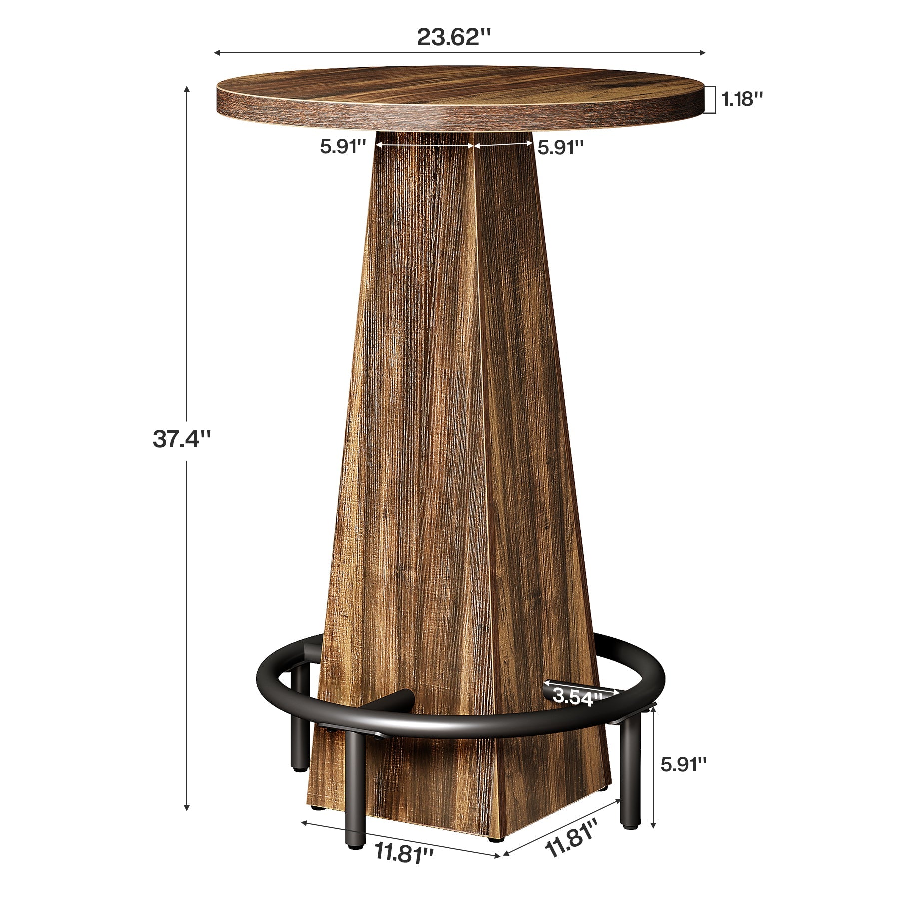 Tribesigns Ronde bartafel 95 cm hoog, Houten bistro/pubtafel met metalen ringvormige voetensteun voor café, cocktail