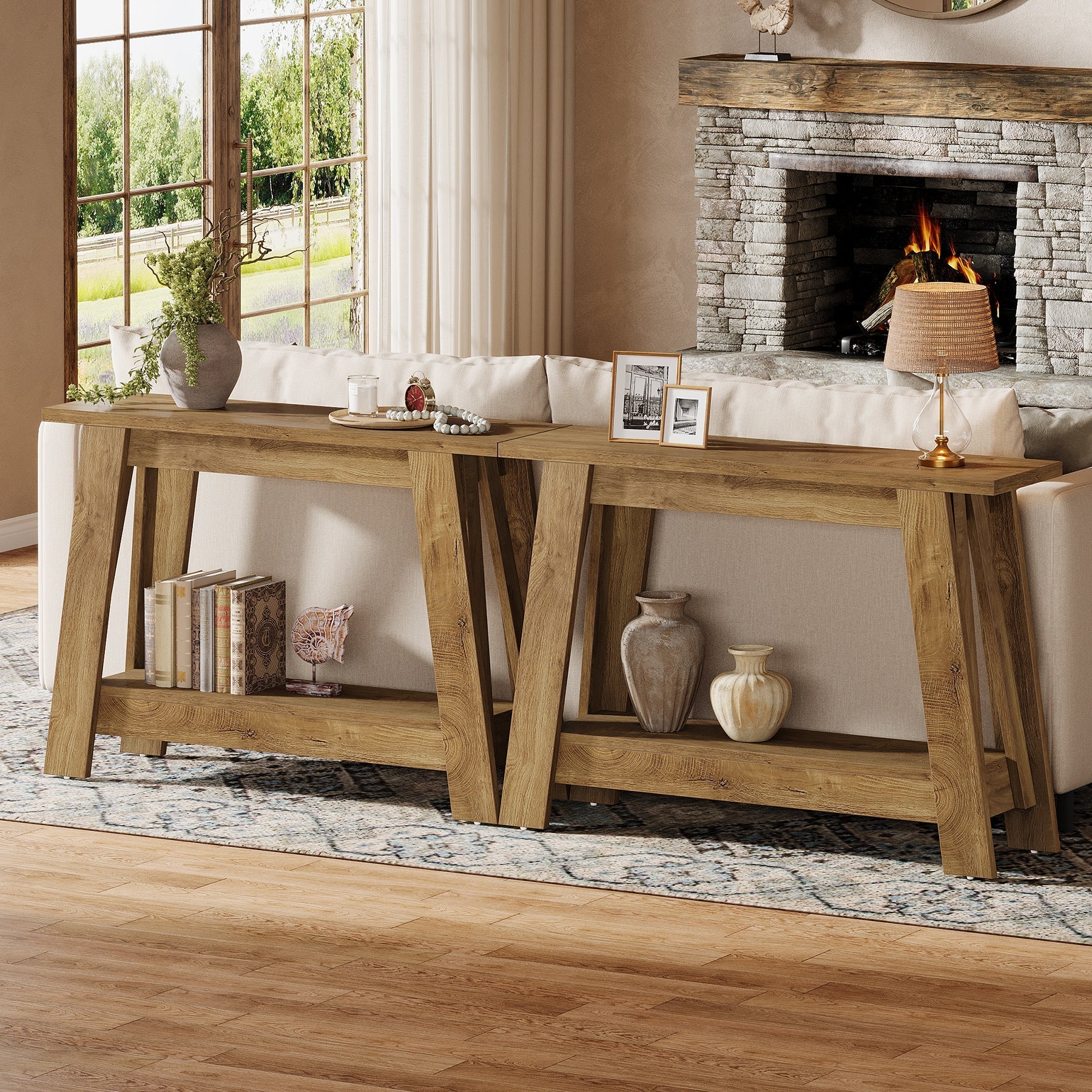 Tribesigns Console de style campagnard de 105 cm, Table d'entrée étroite à 2 niveaux avec espace de rangement