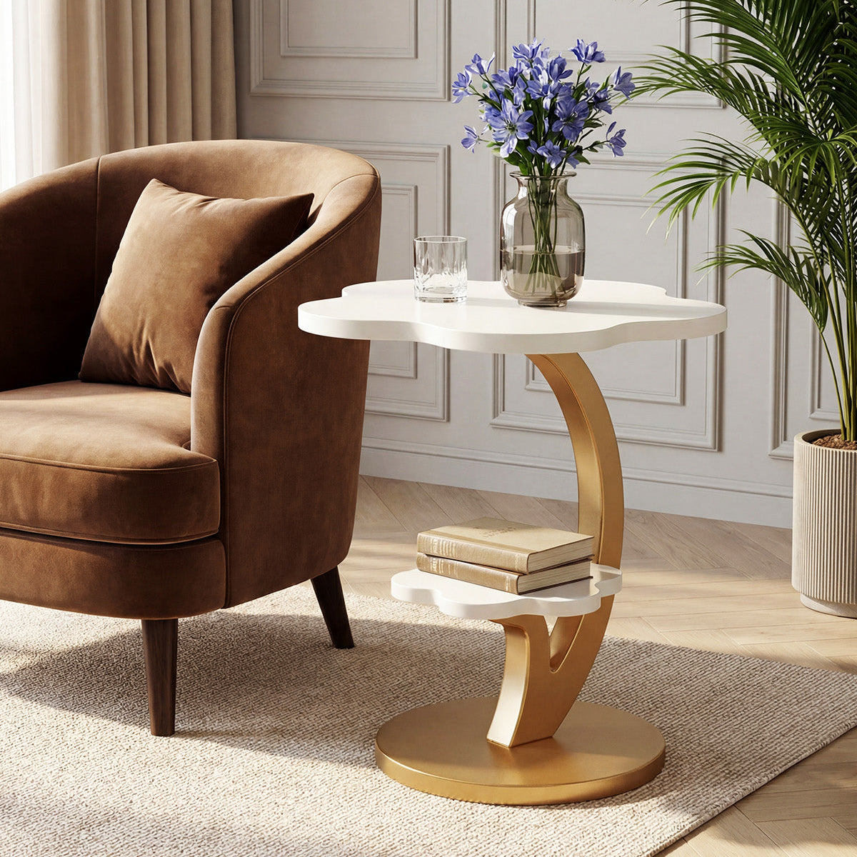 Tribesigns Ronde 2-Laags Bijzettafel met C-Vormig Frame, Compact Klein Nachtkastje, Wit en Goud