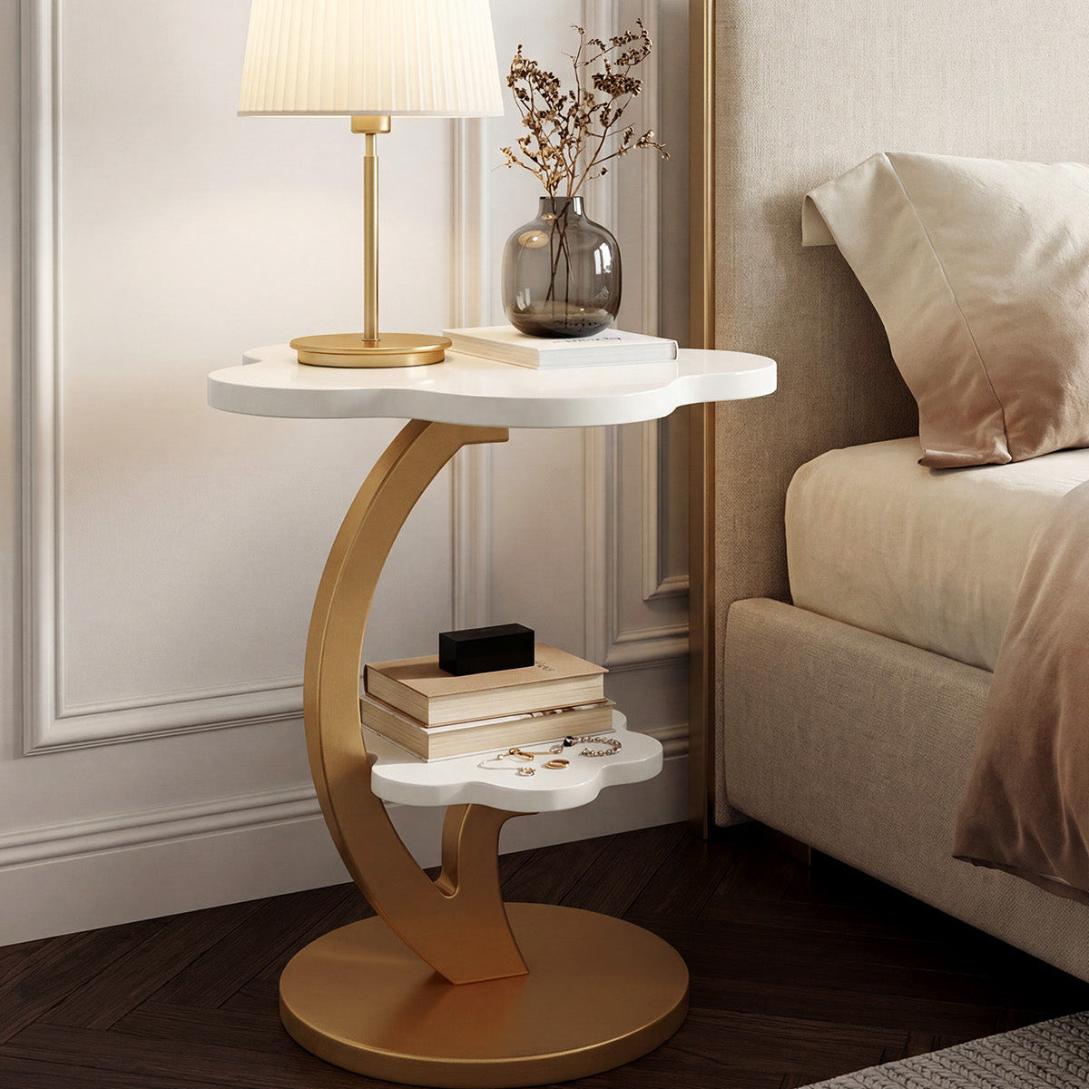 Tribesigns Ronde 2-Laags Bijzettafel met C-Vormig Frame, Compact Klein Nachtkastje, Wit en Goud