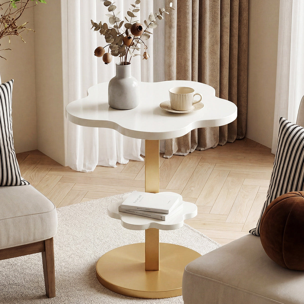 Tribesigns Ronde 2-Laags Bijzettafel met C-Vormig Frame, Compact Klein Nachtkastje, Wit en Goud