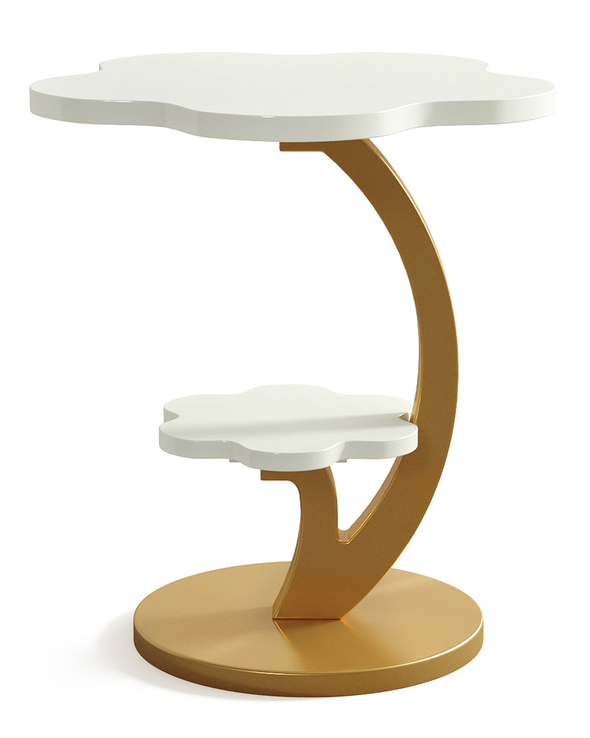 Tribesigns Ronde 2-Laags Bijzettafel met C-Vormig Frame, Compact Klein Nachtkastje, Wit en Goud