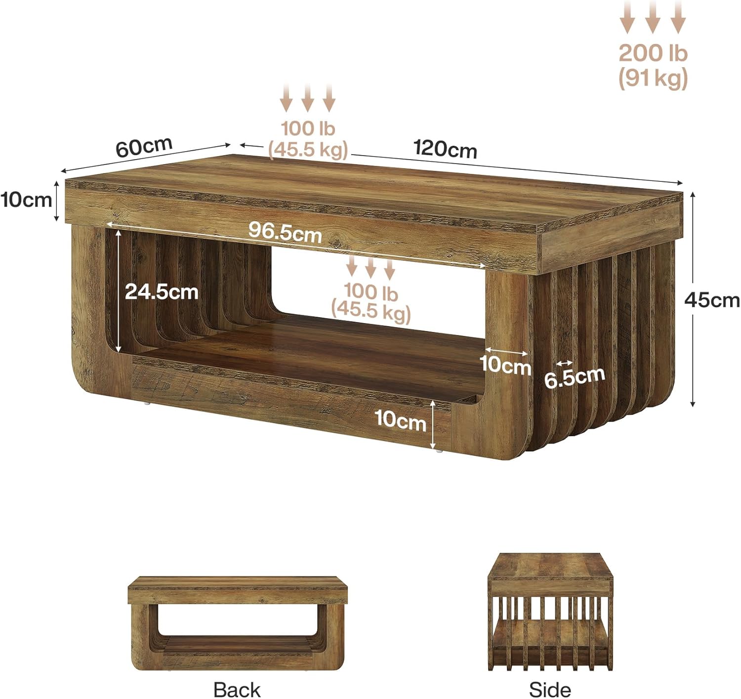 Tribesigns Salontafel, rustiek, 2-laags, 120 cm, met opbergruimte