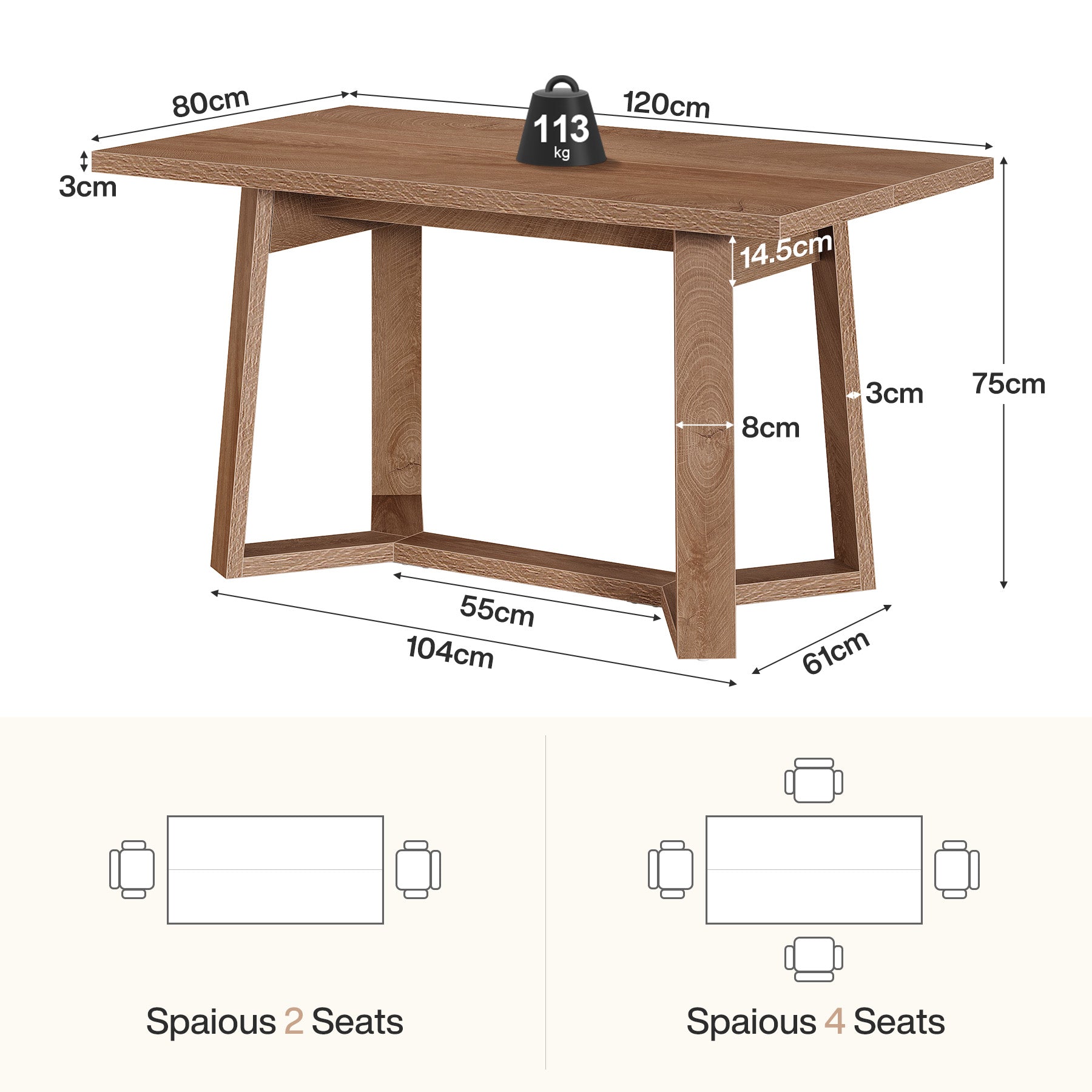 Tribesigns Table de salle à manger moderne de 120 cm pour 4 à 6 personnes en MDF aspect bois massif