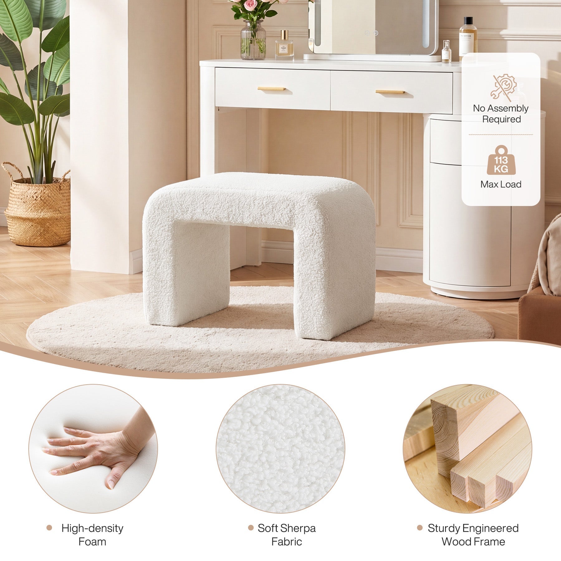 Tribesigns Pouf Rembourré en Sherpa, Tabouret de Coiffeuse Moderne en Tissu Bouclé