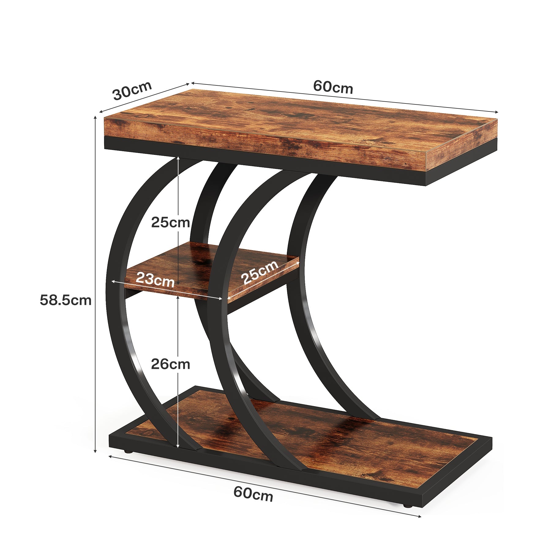 Tribesigns Table d'appoint 3 niveaux 60 cm, Table d'appoint design industriel en forme de C