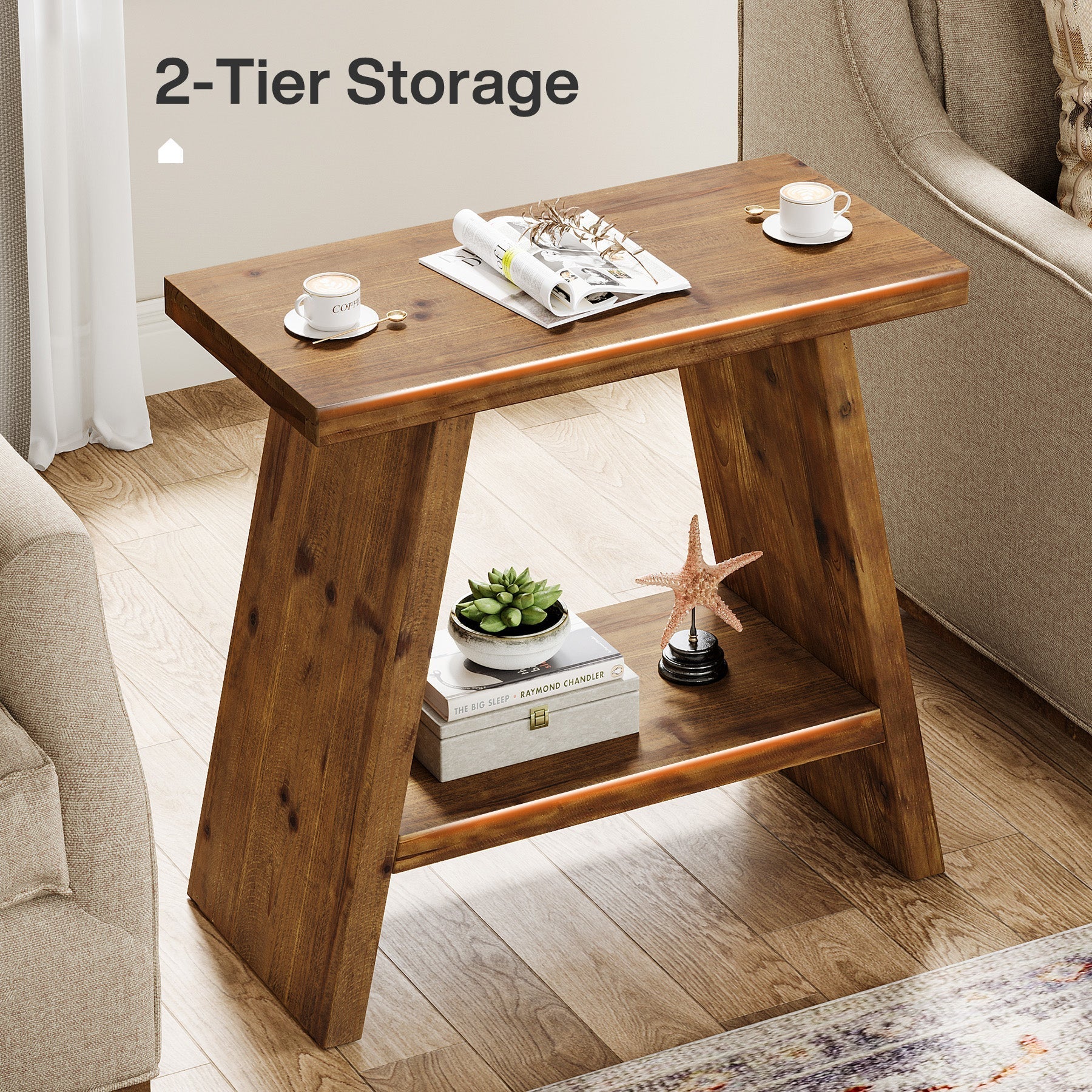 Table d'appoint étroite en bois massif (60 x 30 cm) avec rangement à 2 niveaux, Style rustique, idéale pour le salon et la chambre