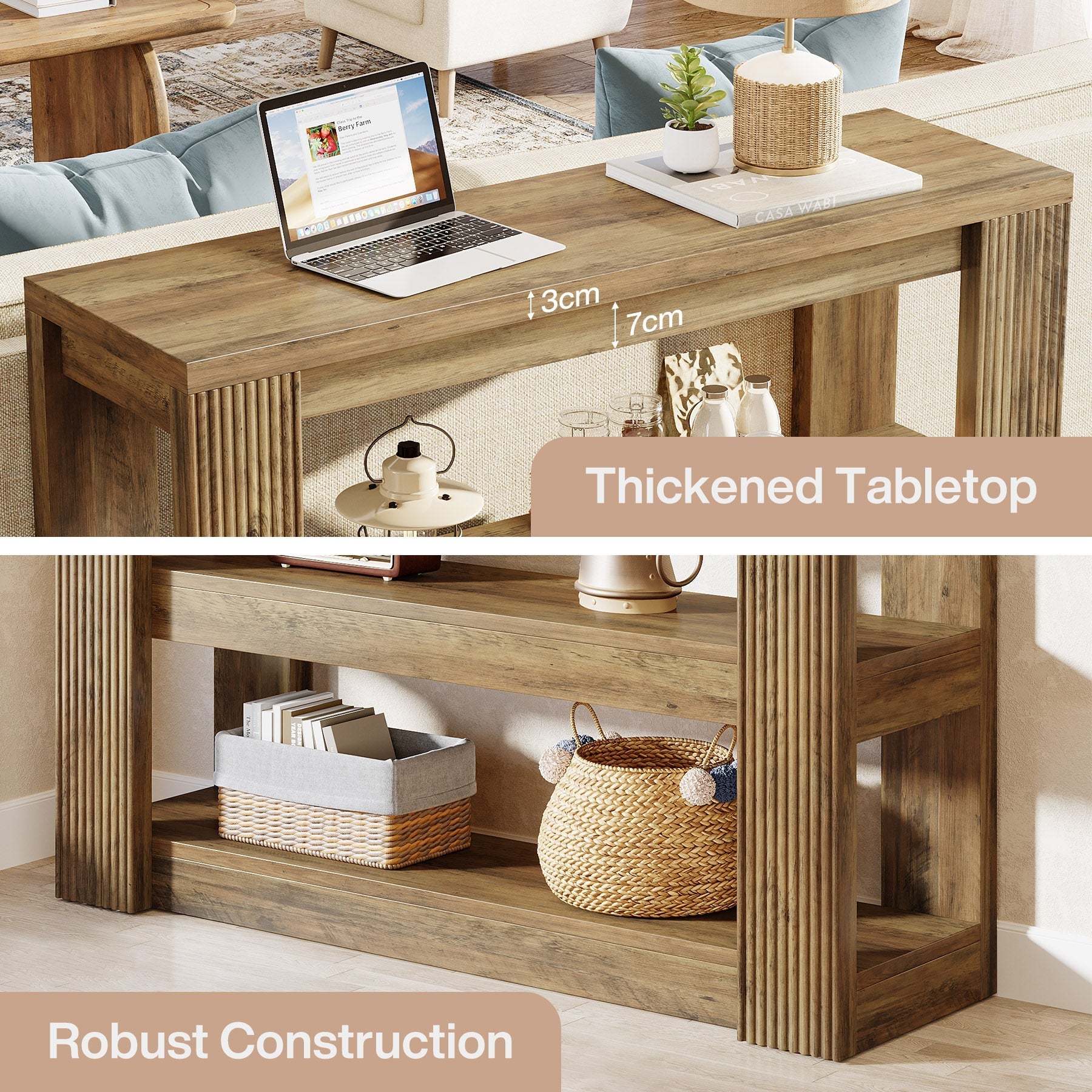 Tribesigns Console étroite 105 cm, Table basse de style campagnard à 3 niveaux avec étagères