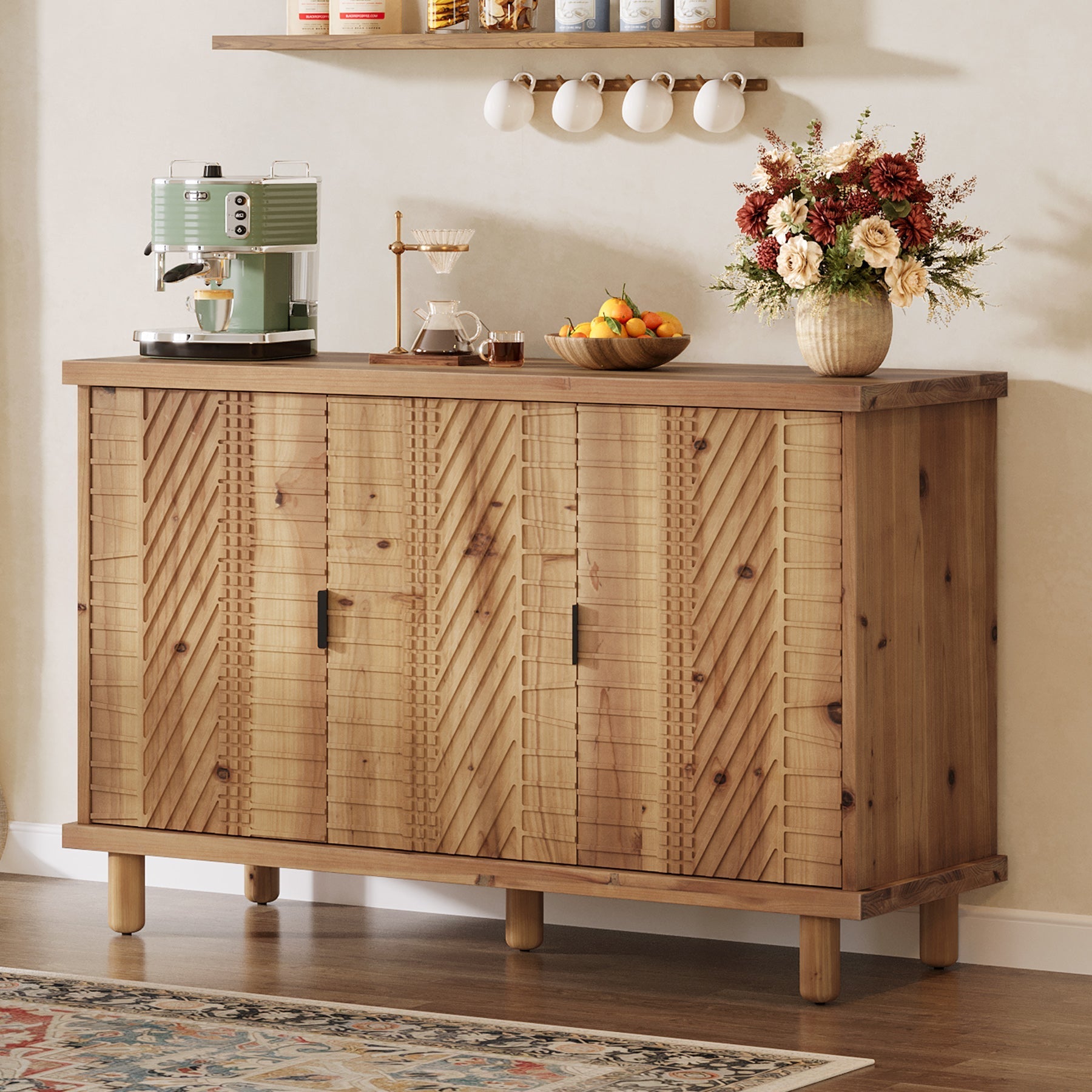 Tribesigns Buffet en bois massif avec espace de rangement, Meuble de style campagnard avec 3 portes et 2 étagères réglables