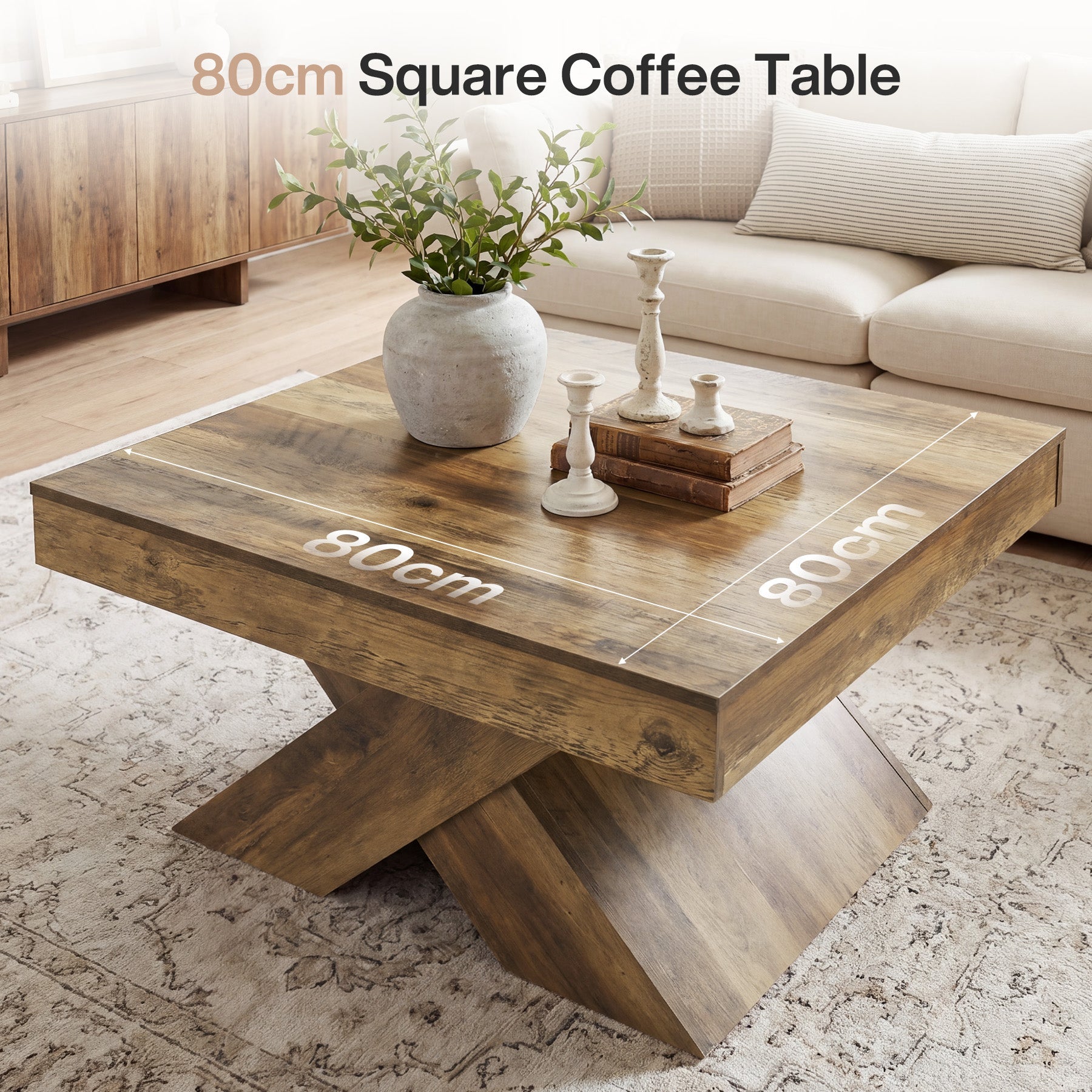 Tribesigns Table Basse Carrée de 80 cm, Table Rustique pour Petits Espaces avec Base en X