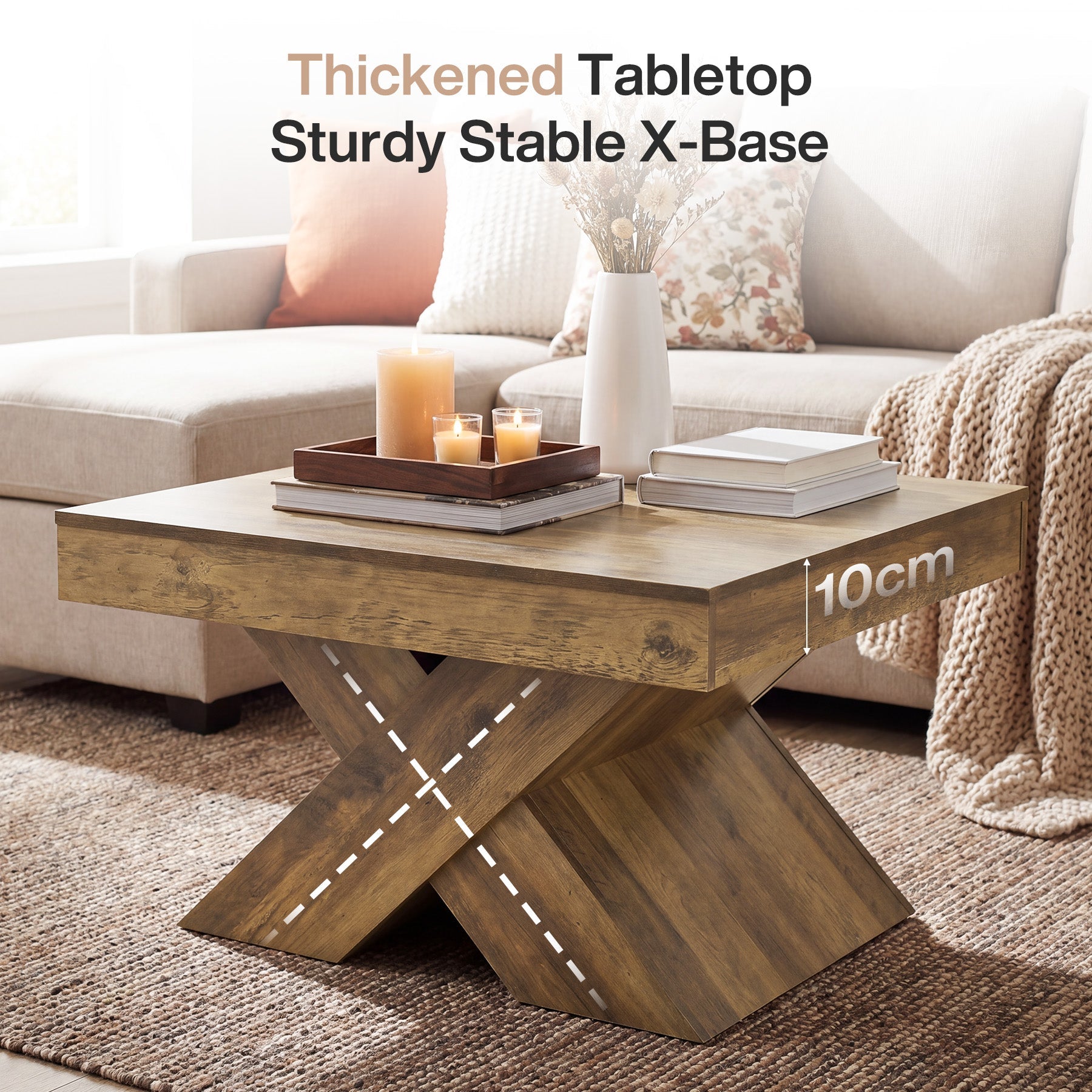 Tribesigns Table Basse Carrée de 80 cm, Table Rustique pour Petits Espaces avec Base en X