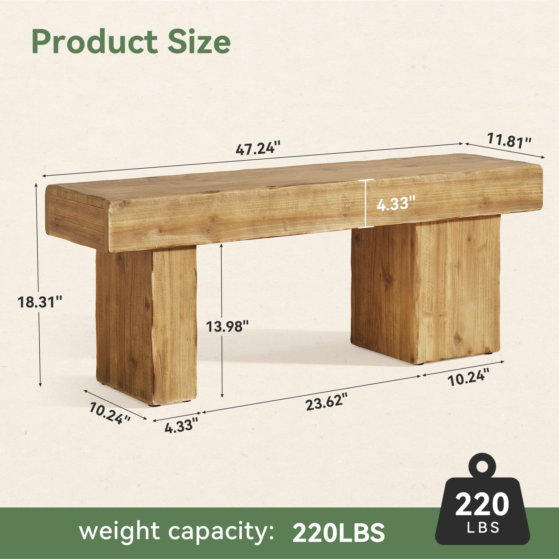 Massief houten halbank van 119 cm, Rustieke stijl met dikke zitting