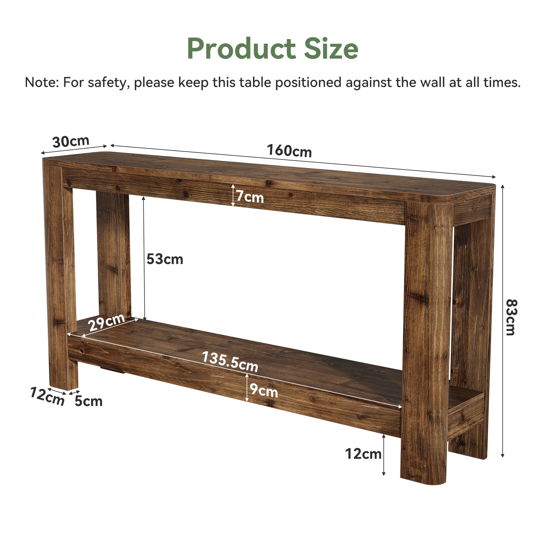 Tribesigns Console en bois massif de 160 cm, Table d'appoint étroite style ferme avec étagère