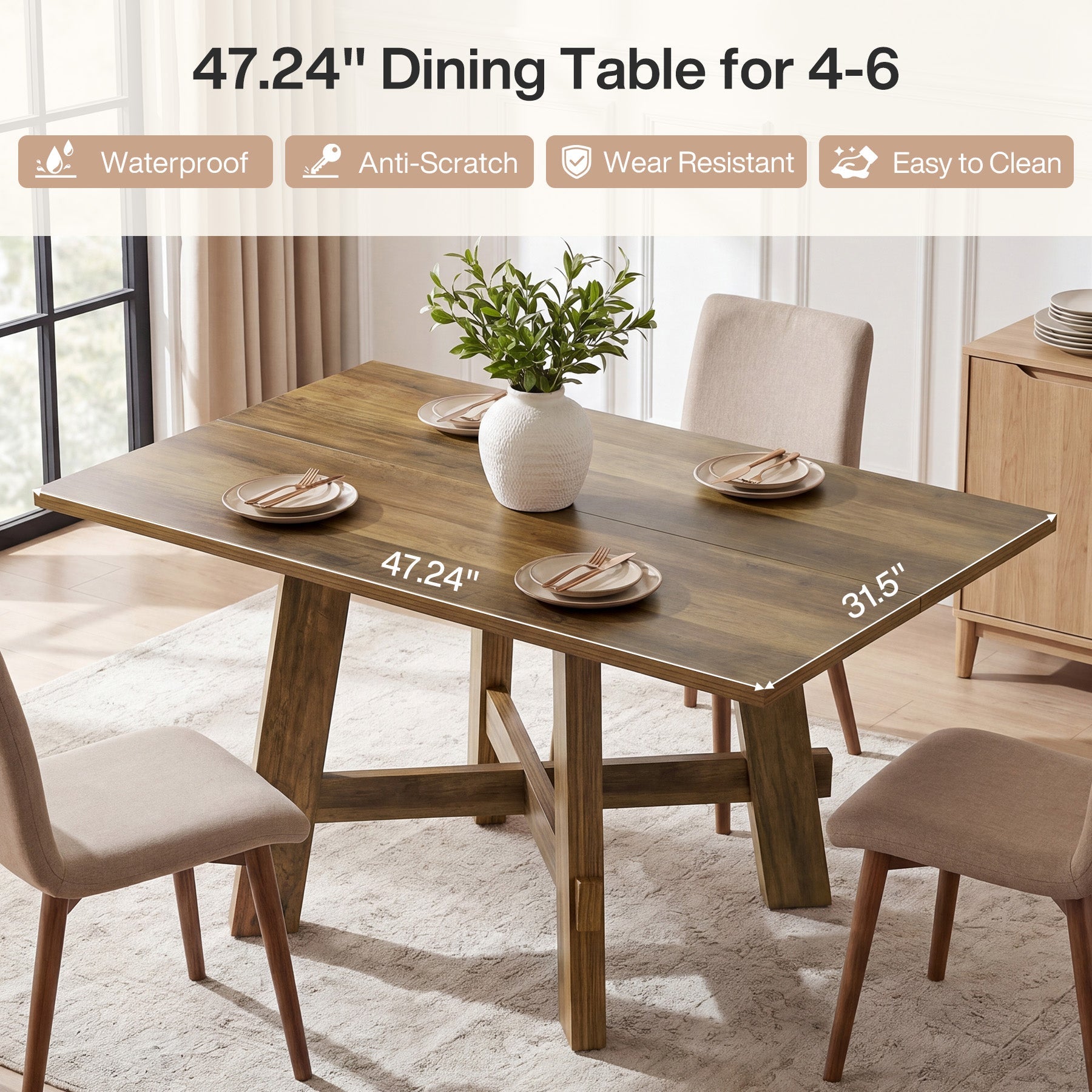 Tribesigns Table à Manger Rustique de 140 cm, Table de Cuisine pour 4 Personnes avec Traverse pour Salle à Manger