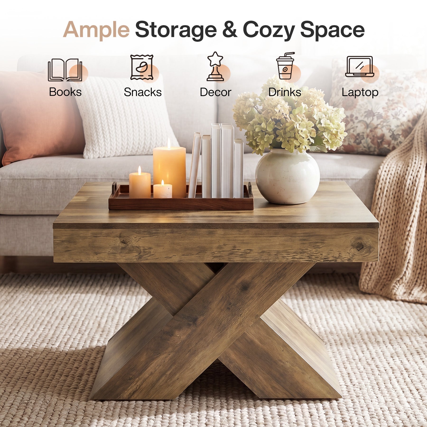 Tribesigns Table Basse Carrée de 80 cm, Table Rustique pour Petits Espaces avec Base en X