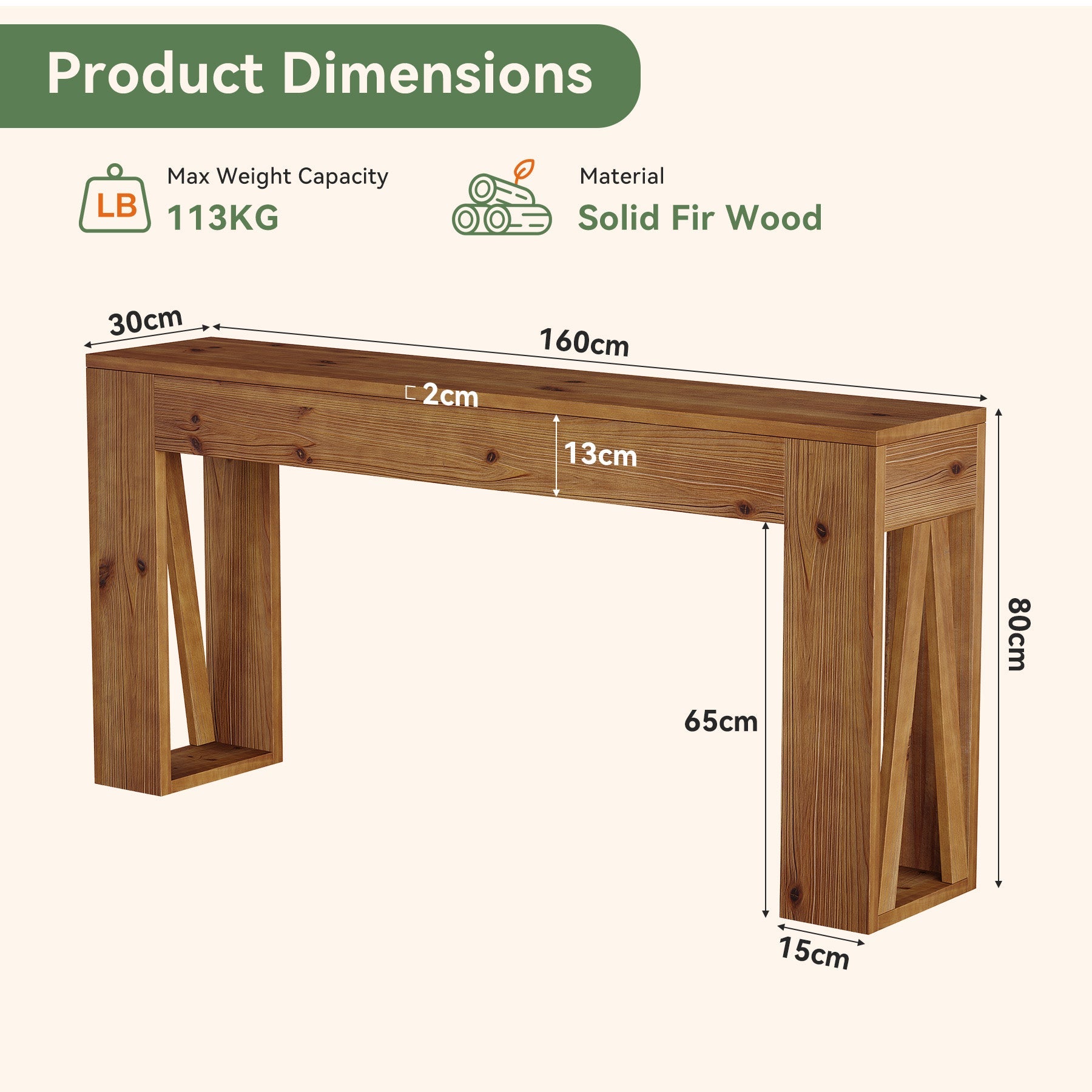 Tribesigns Console en Bois Massif de 160 cm, Table d’Entrée Étroite Style Rustique