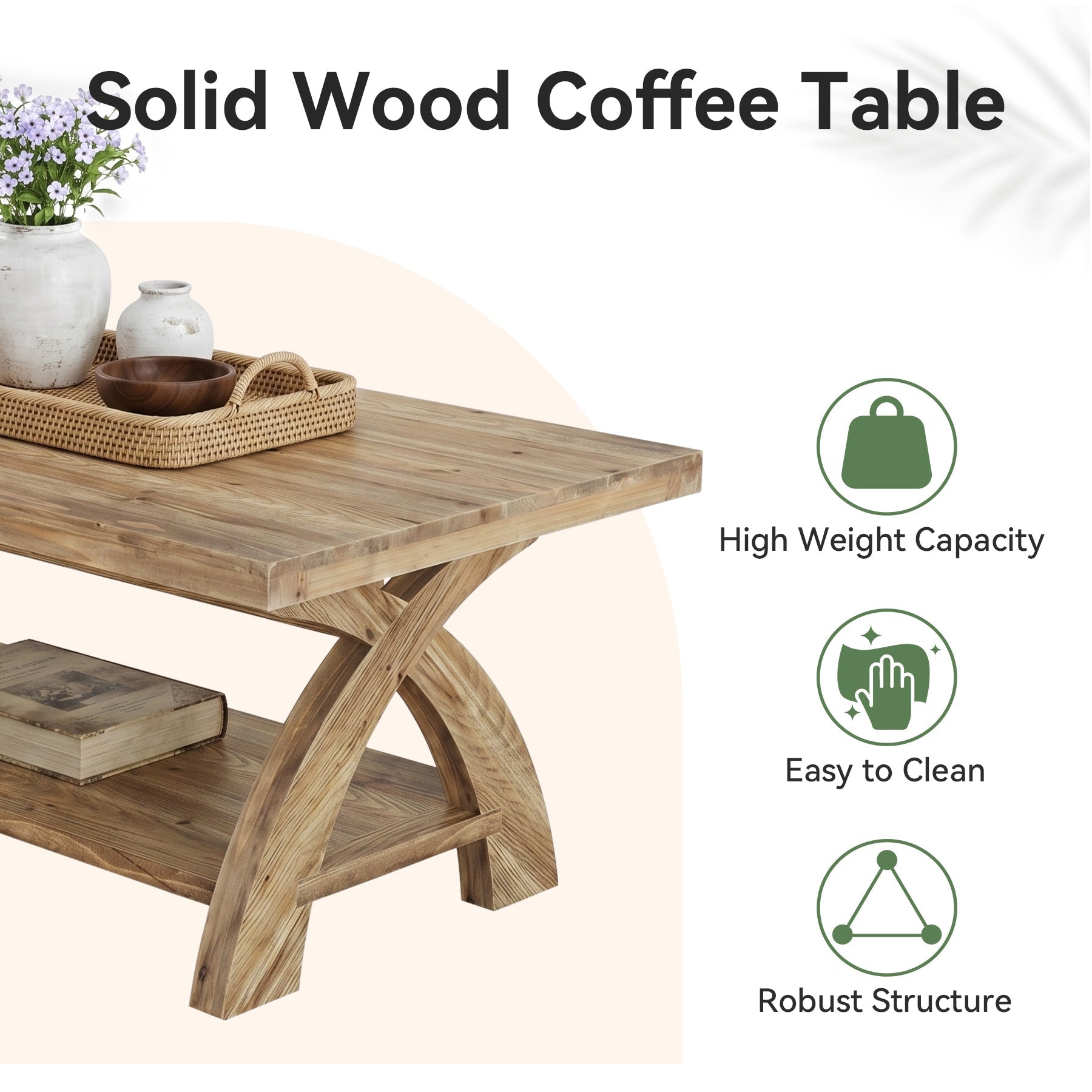 Table basse rectangulaire en bois massif avec étagère et piètement en X, idéale pour le salon