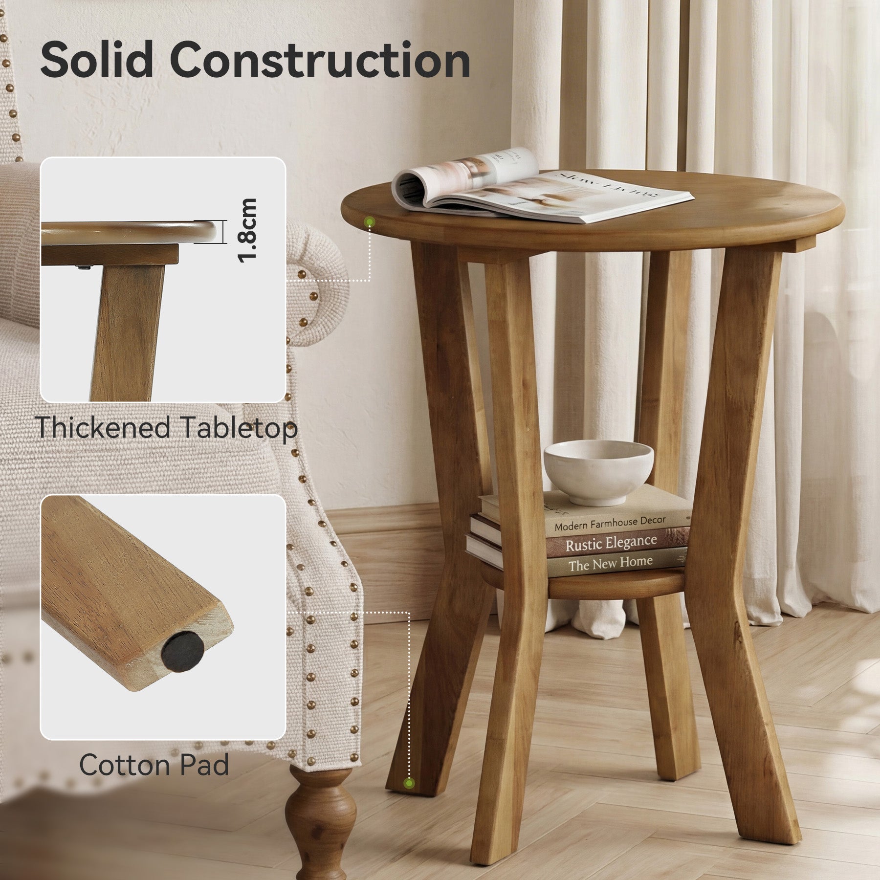 Tribesigns Table d’Appoint Ronde 48 cm à 2 Niveaux, Style Campagne Vintage