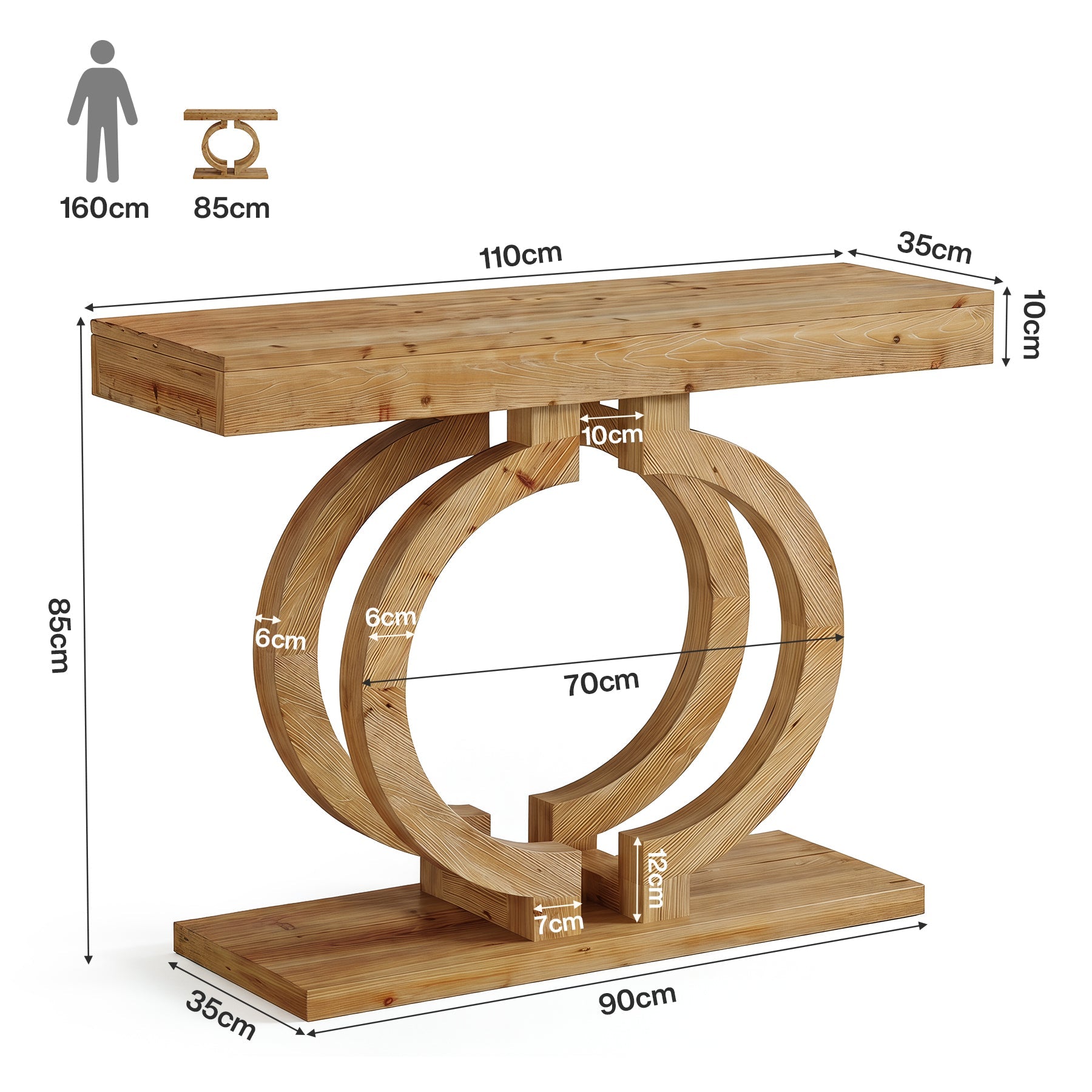 Tribesigns Console en Bois Massif 110 cm, Table de Couloir avec Base Élégante à Double Cercle