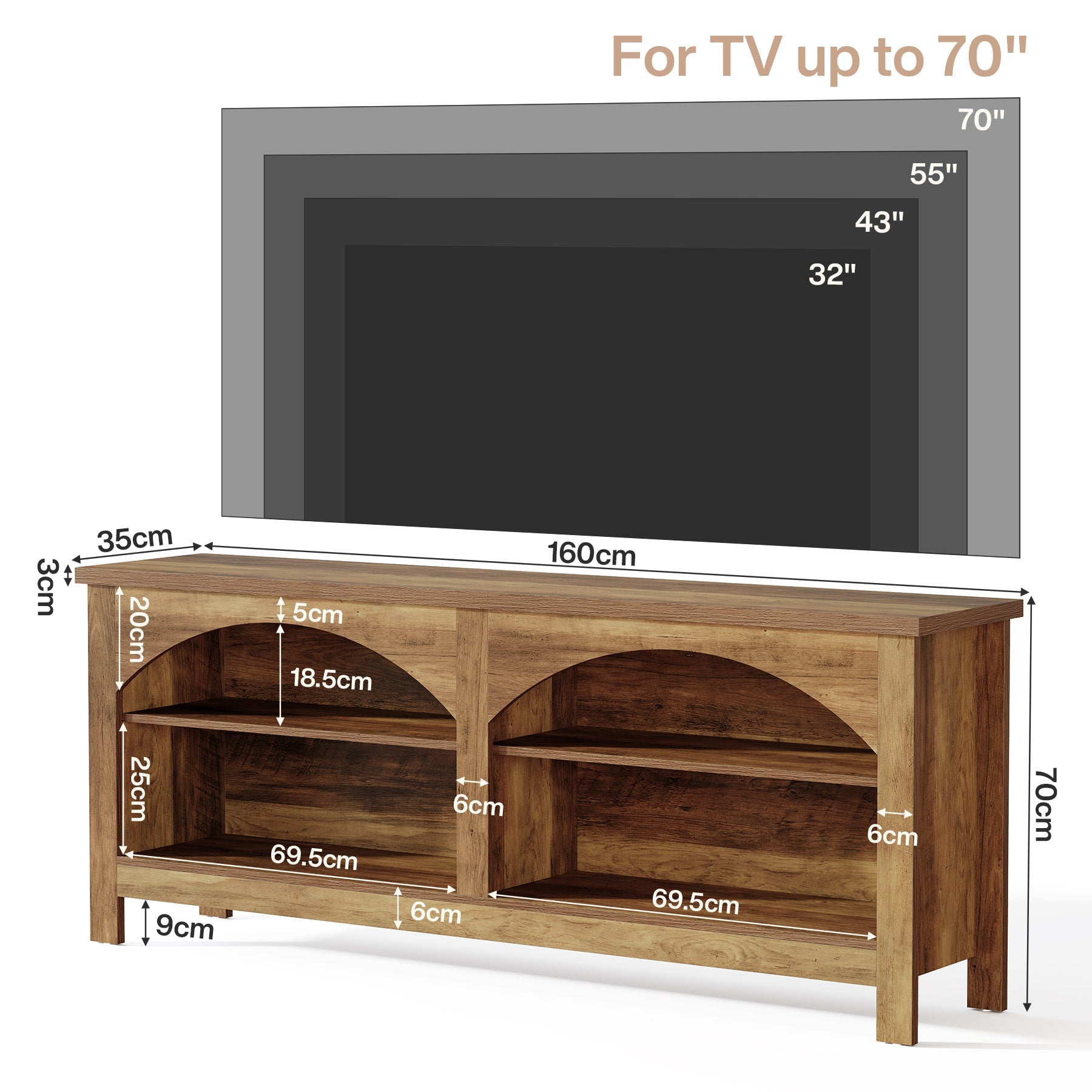 Tribesigns Meuble TV 160 cm, Meuble Multimédia Style Campagne avec Rangement à 2 Niveaux