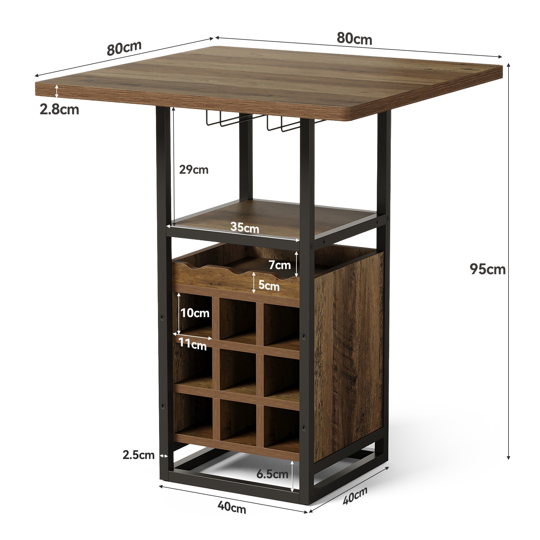 Tribesigns Bartafel 95 cm met opbergruimte, Smalle bistrotafel met schappen, wijnrek en glazenhouder