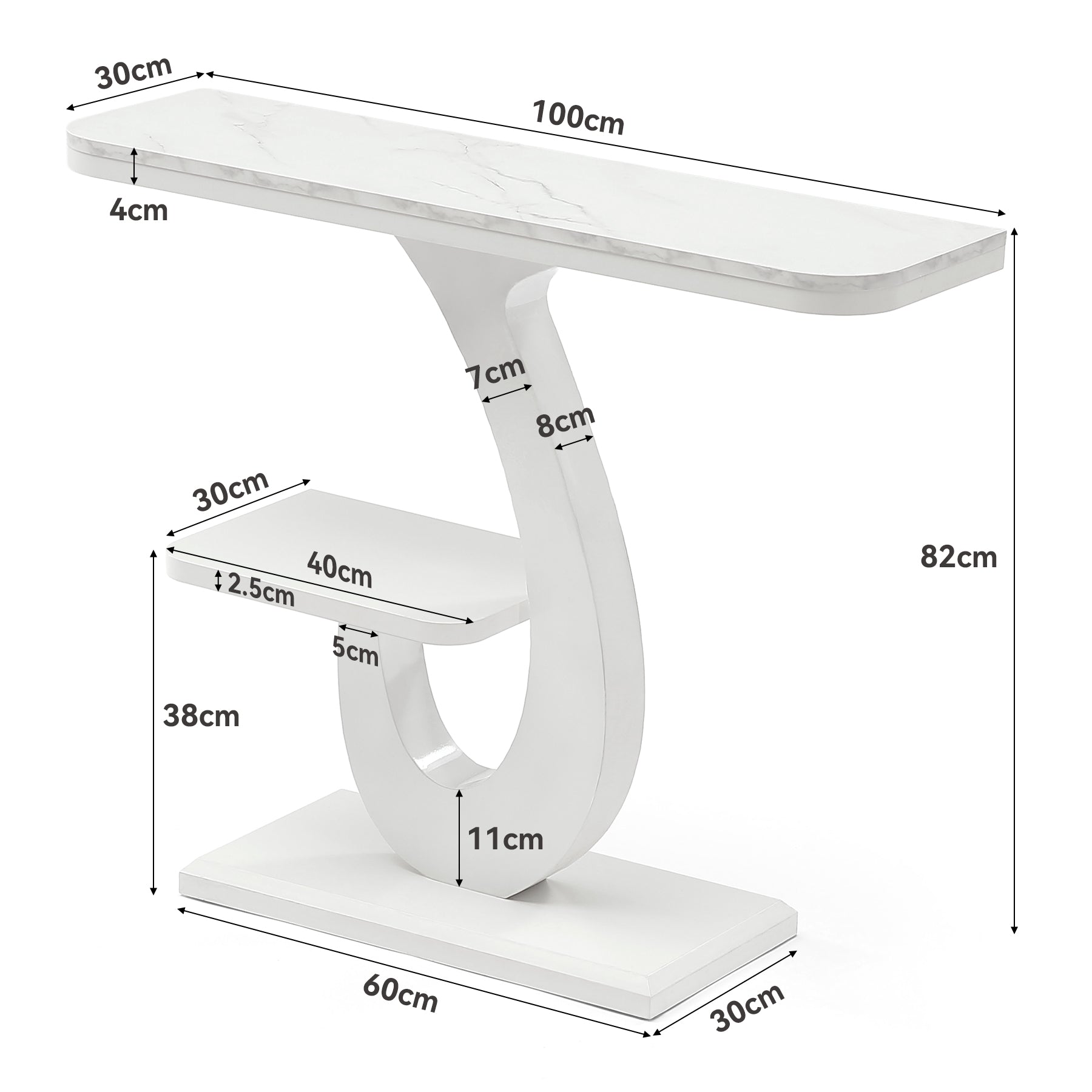 Console blanche de 100 cm, Table d'entrée étroite effet marbre avec étagère