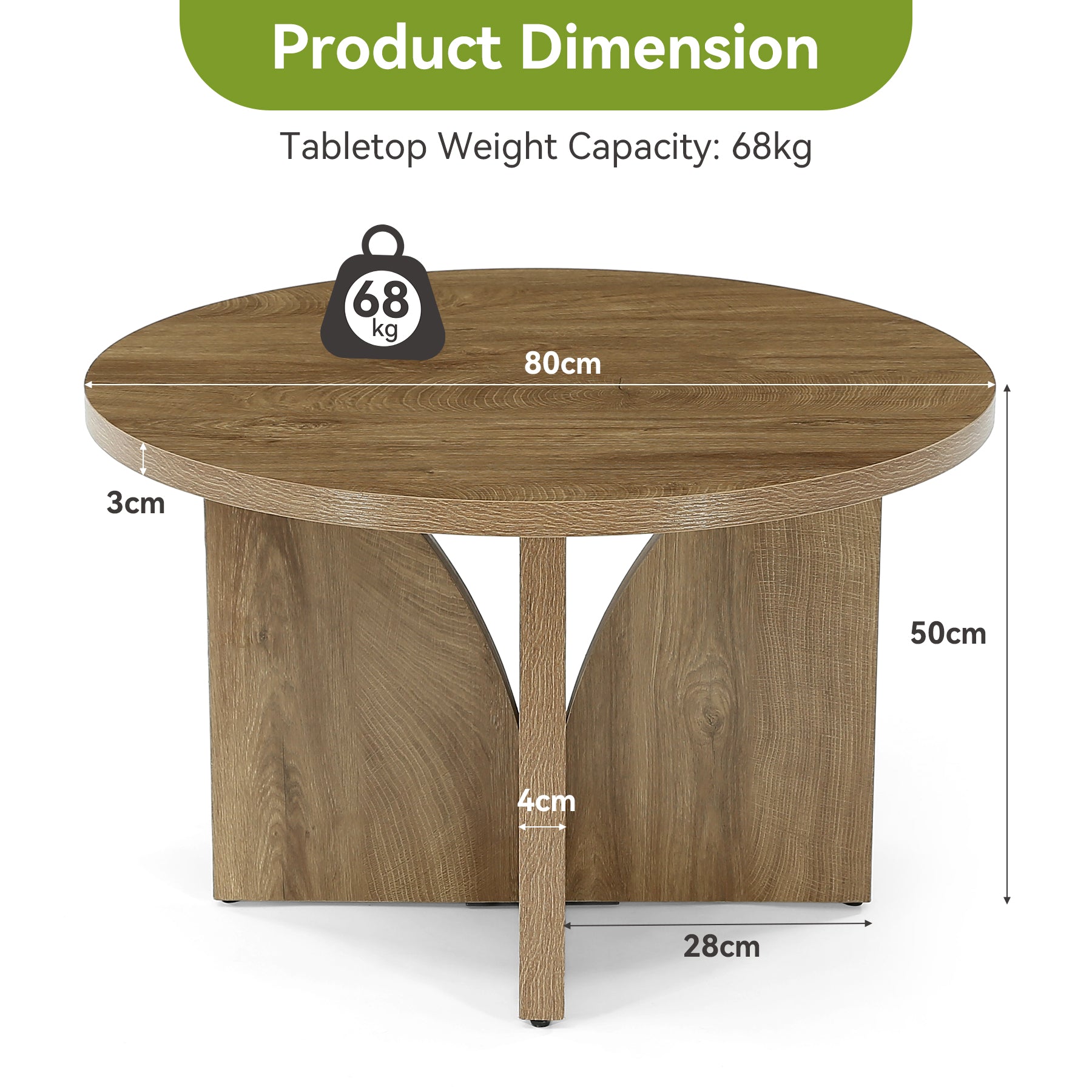 Table basse ronde de 80 cm, Table de salon moderne marron pour petits espaces