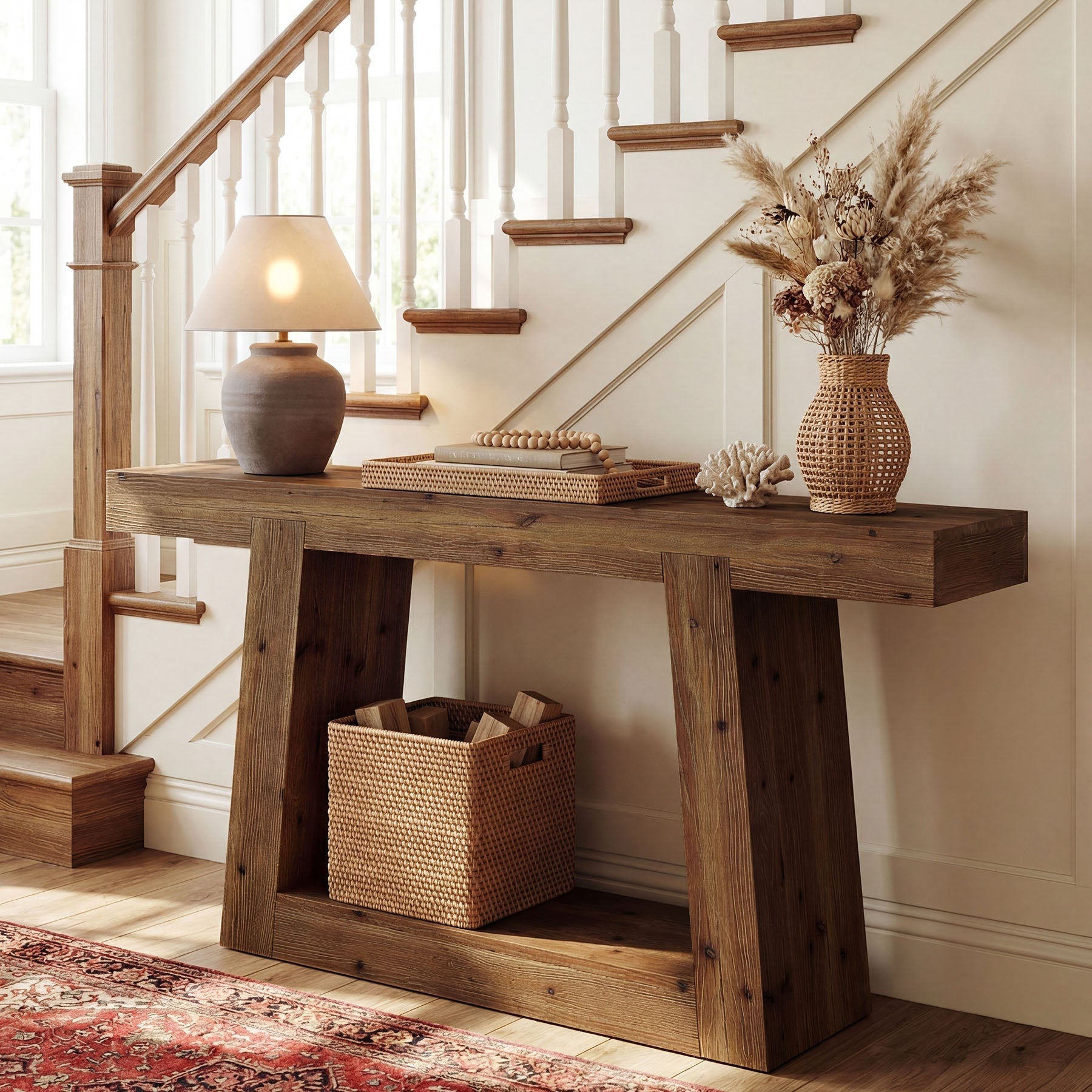 Tribesigns Smalle console van massief hout, 140 cm entreehaltafel met 2 planken