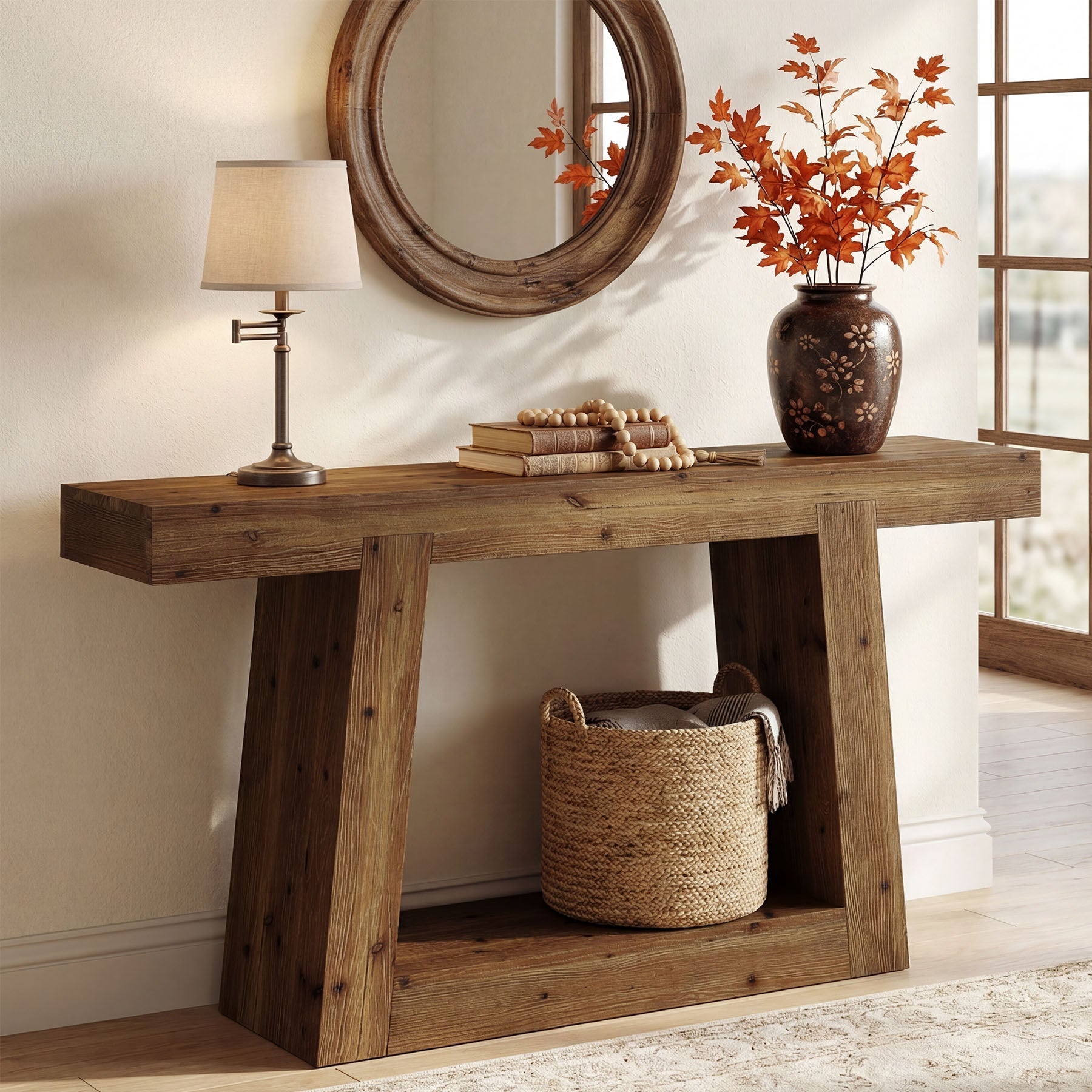 Tribesigns Smalle console van massief hout, 140 cm entreehaltafel met 2 planken