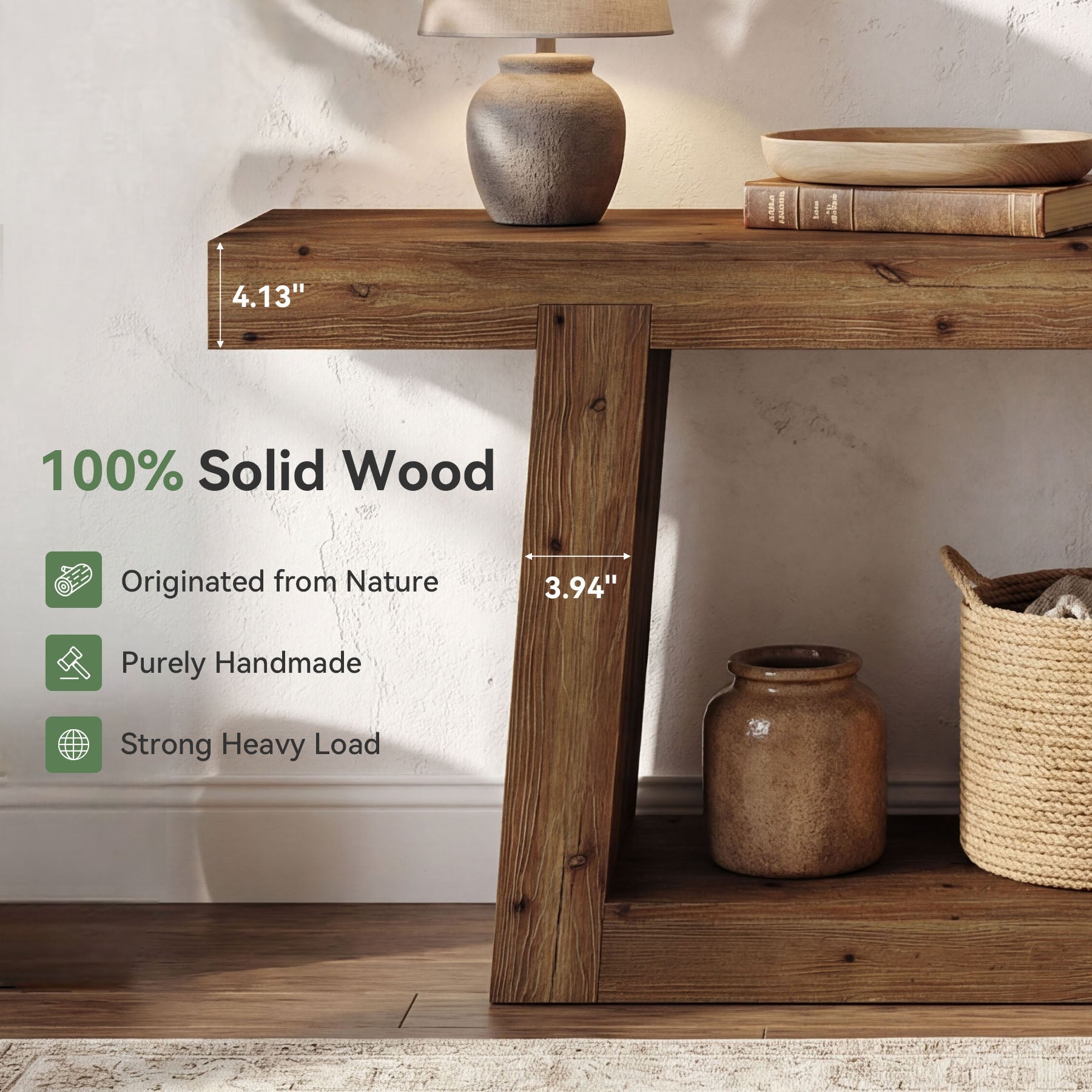 Tribesigns Smalle console van massief hout, 140 cm entreehaltafel met 2 planken