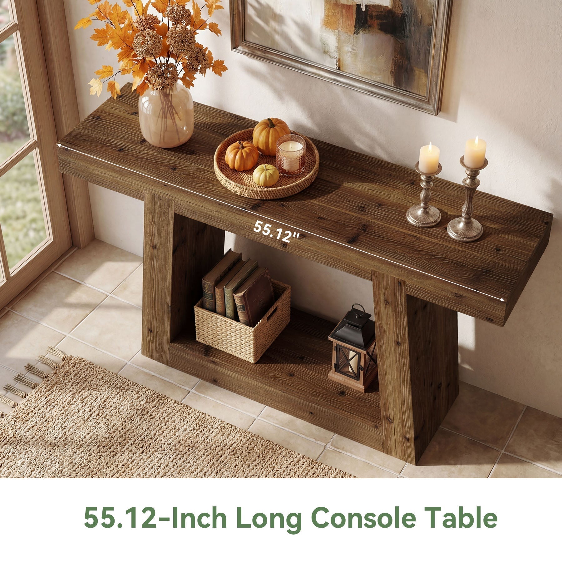 Tribesigns Smalle console van massief hout, 140 cm entreehaltafel met 2 planken