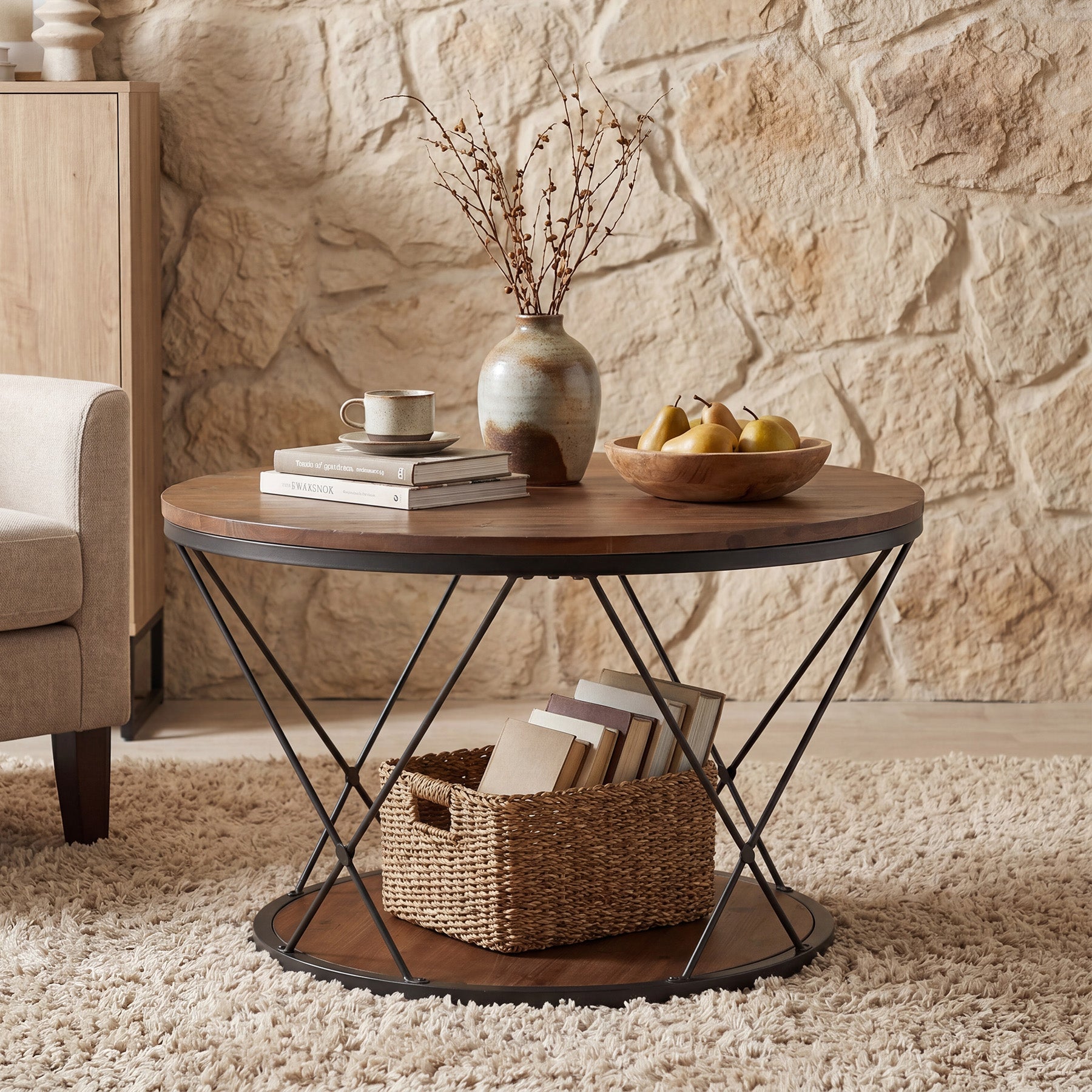 Tribesigns Table Basse Ronde 80 cm en Bois Massif avec Étagère Inférieure, Idéale pour Petits Espaces
