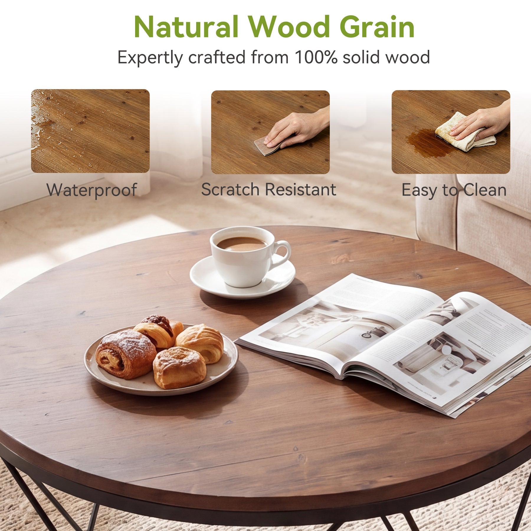 Tribesigns Table Basse Ronde 80 cm en Bois Massif avec Étagère Inférieure, Idéale pour Petits Espaces