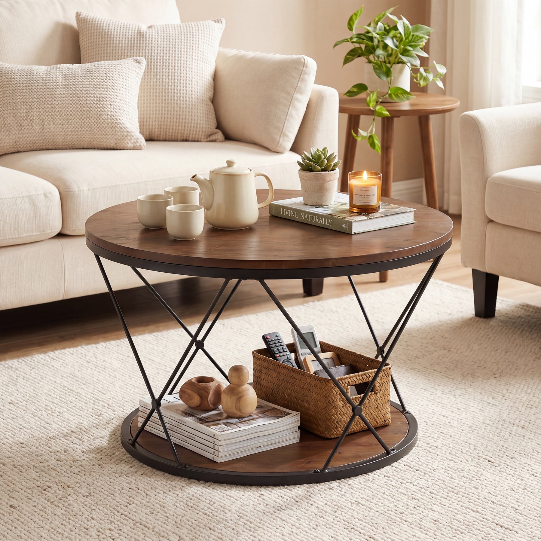 Tribesigns Table Basse Ronde 80 cm en Bois Massif avec Étagère Inférieure, Idéale pour Petits Espaces