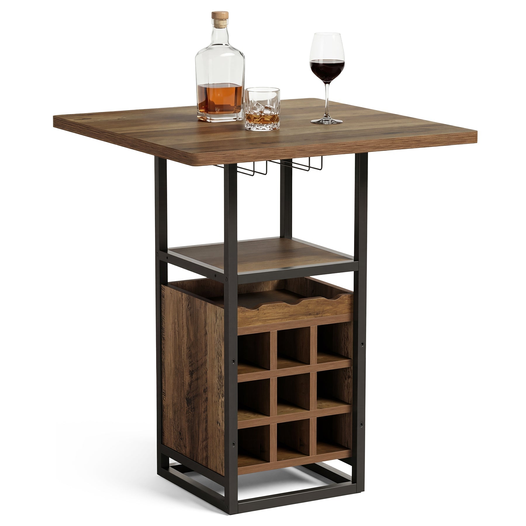 Tribesigns Bartafel 95 cm met opbergruimte, Smalle bistrotafel met schappen, wijnrek en glazenhouder