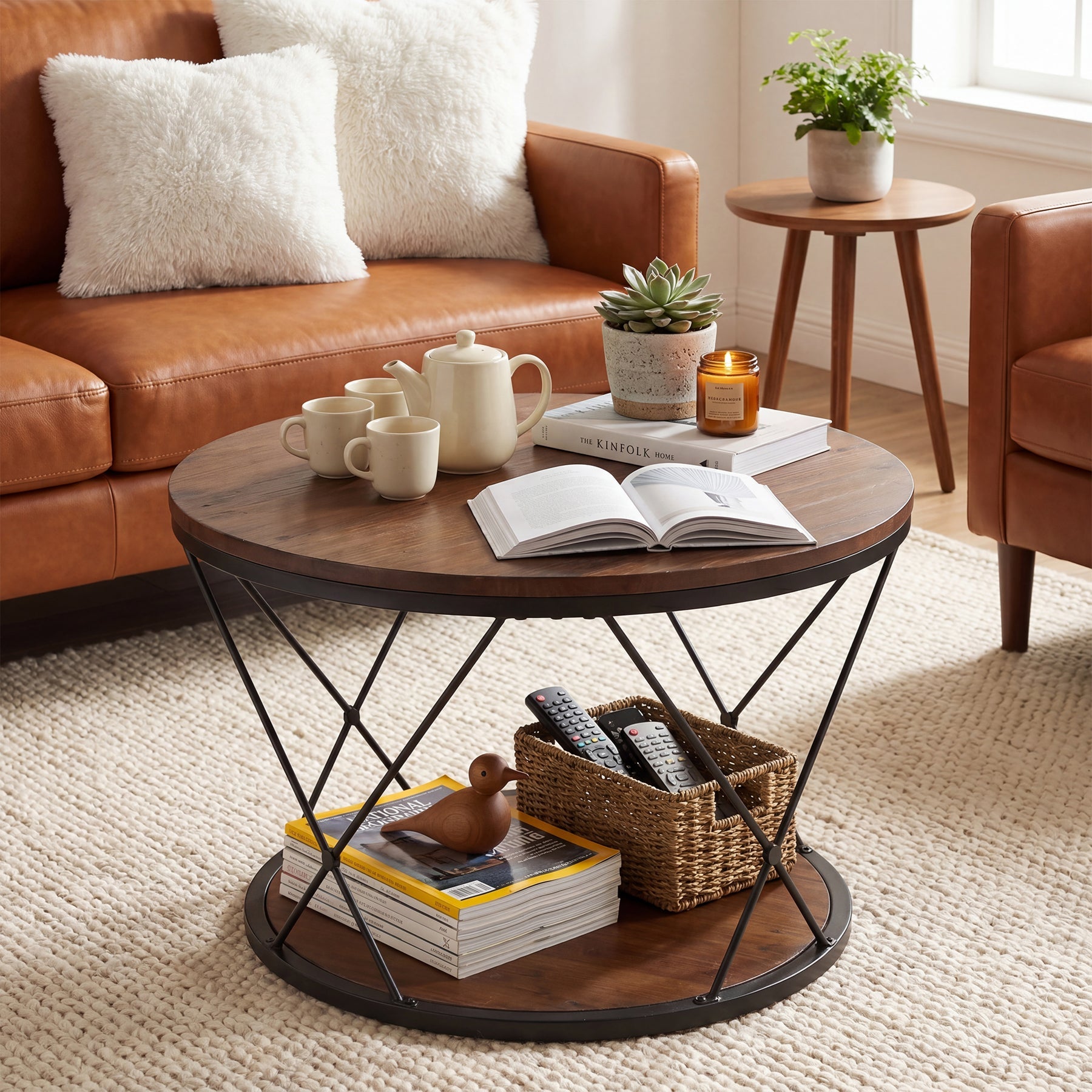 Tribesigns Table Basse Ronde 80 cm en Bois Massif avec Étagère Inférieure, Idéale pour Petits Espaces