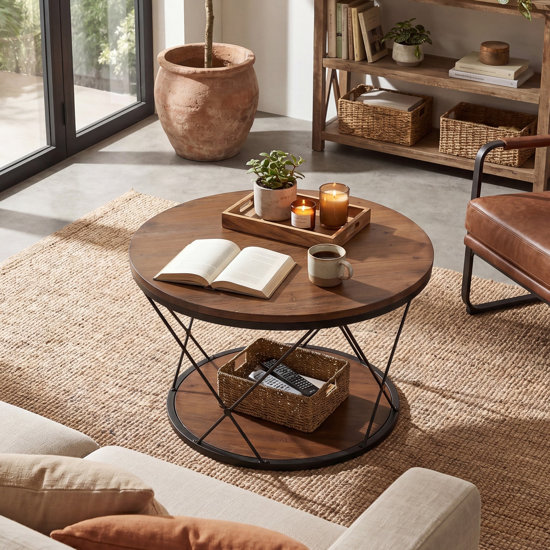 Tribesigns Table Basse Ronde 80 cm en Bois Massif avec Étagère Inférieure, Idéale pour Petits Espaces