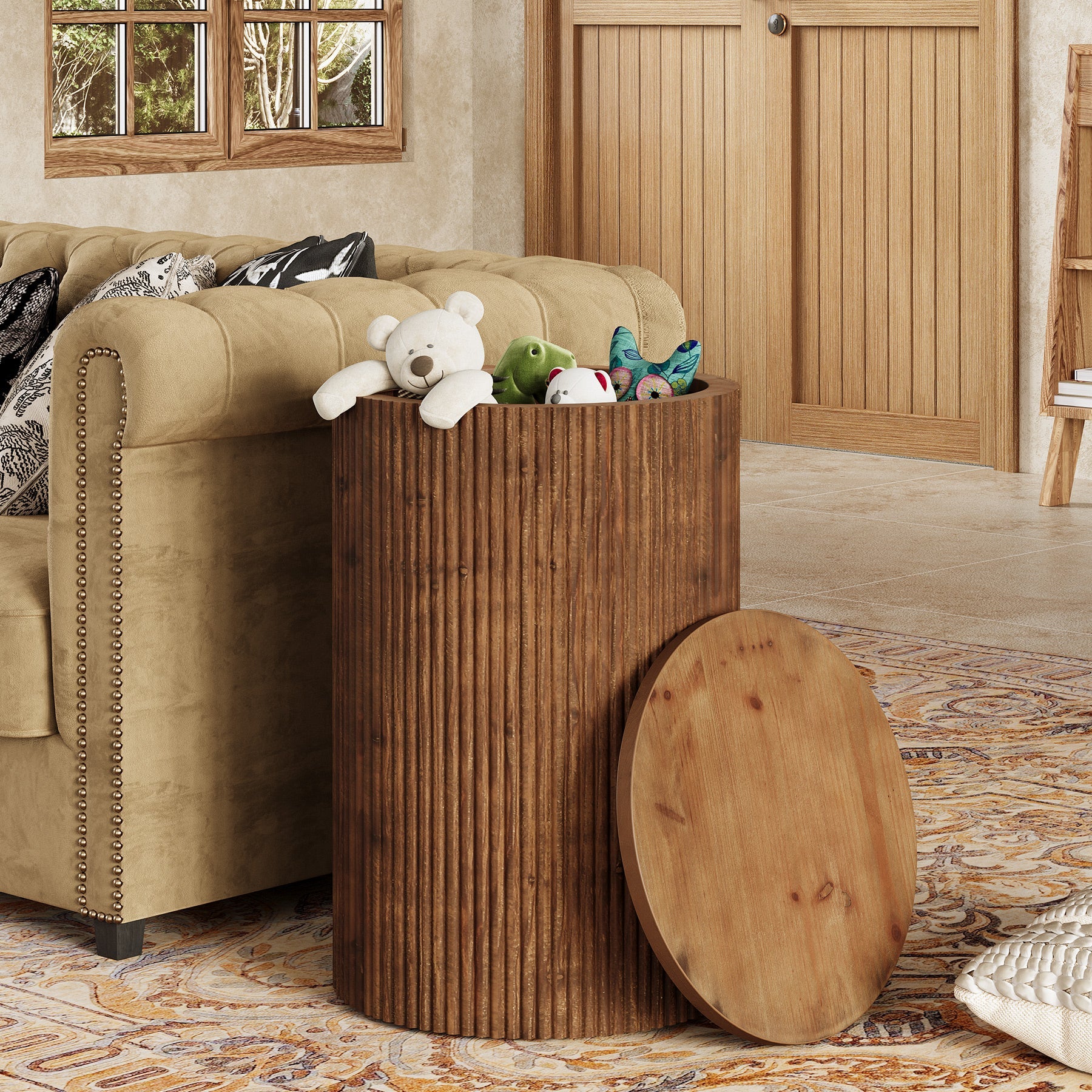 Tribesigns Table d’Appoint Ronde en Bois Massif avec Rangement et 4 Roulettes