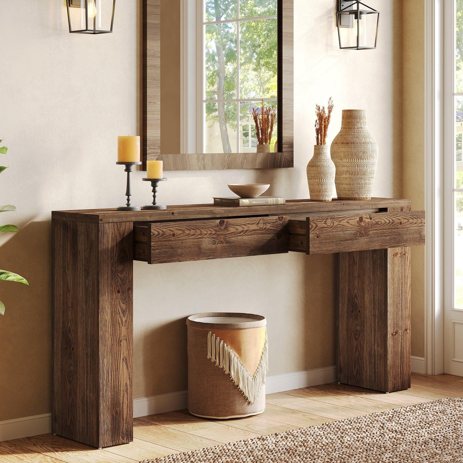Tribesigns Console 160 cm en Bois Massif avec Tiroirs, Table Derrière Canapé
