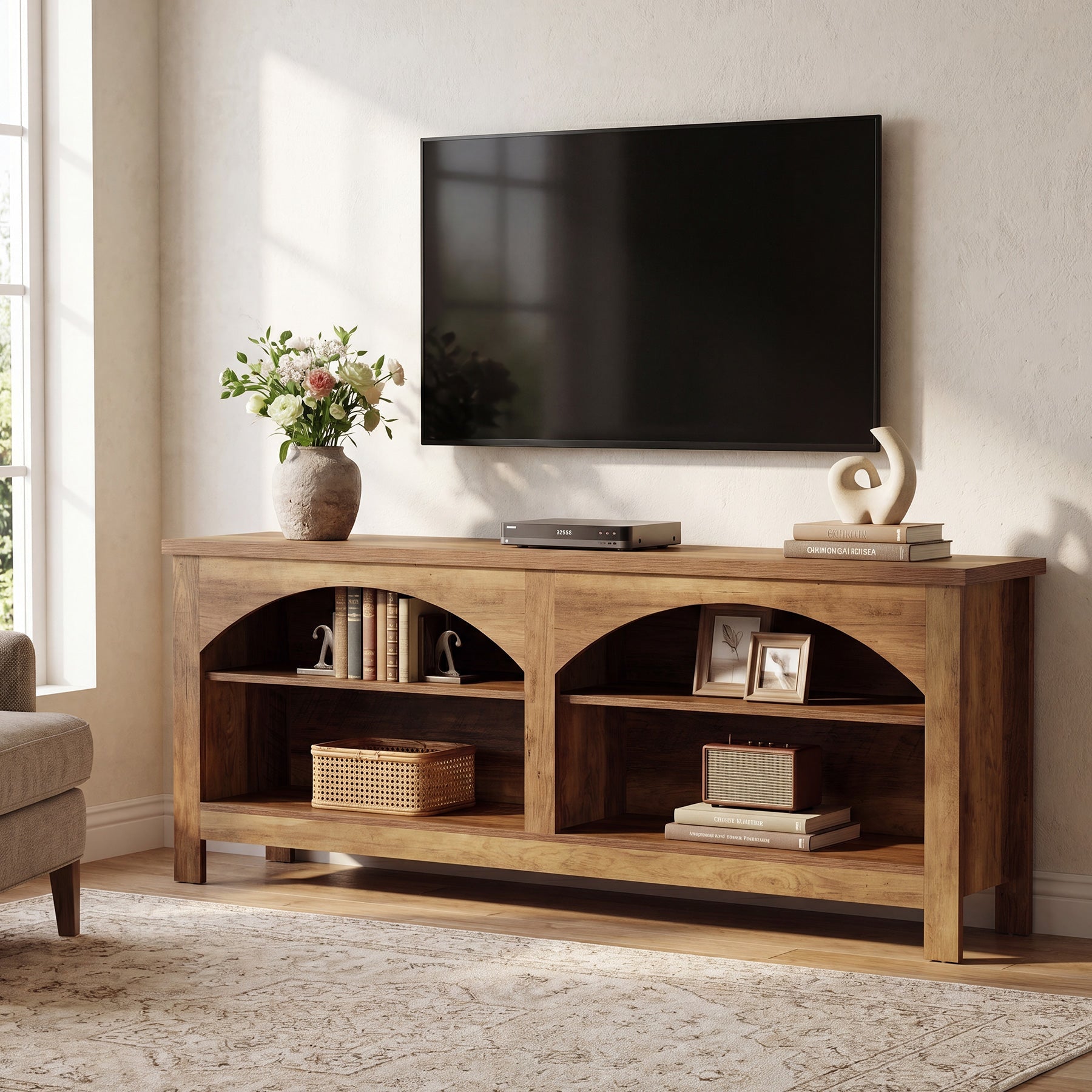 Tribesigns Meuble TV 160 cm, Meuble Multimédia Style Campagne avec Rangement à 2 Niveaux