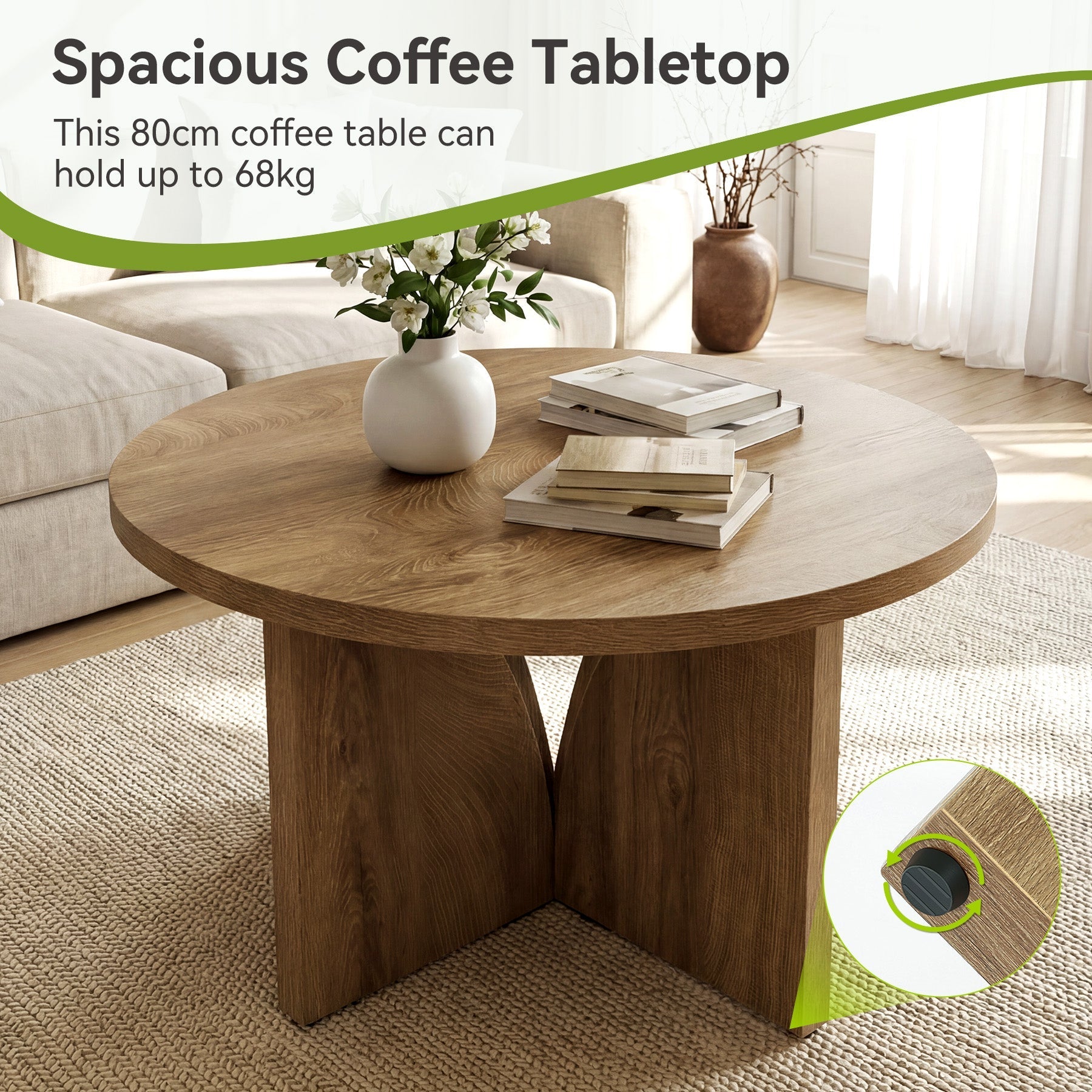 Table basse ronde de 80 cm, Table de salon moderne marron pour petits espaces