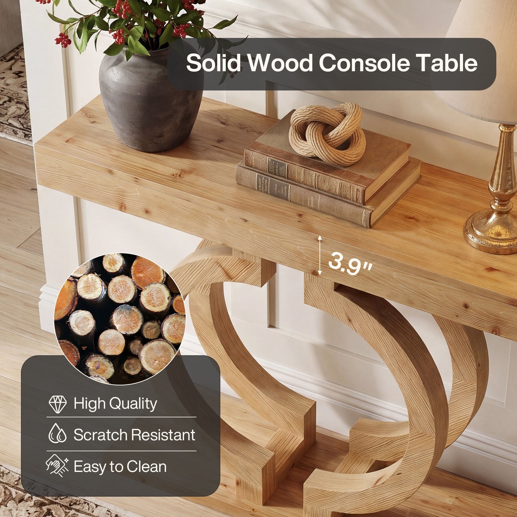 Tribesigns Console en Bois Massif 110 cm, Table de Couloir avec Base Élégante à Double Cercle