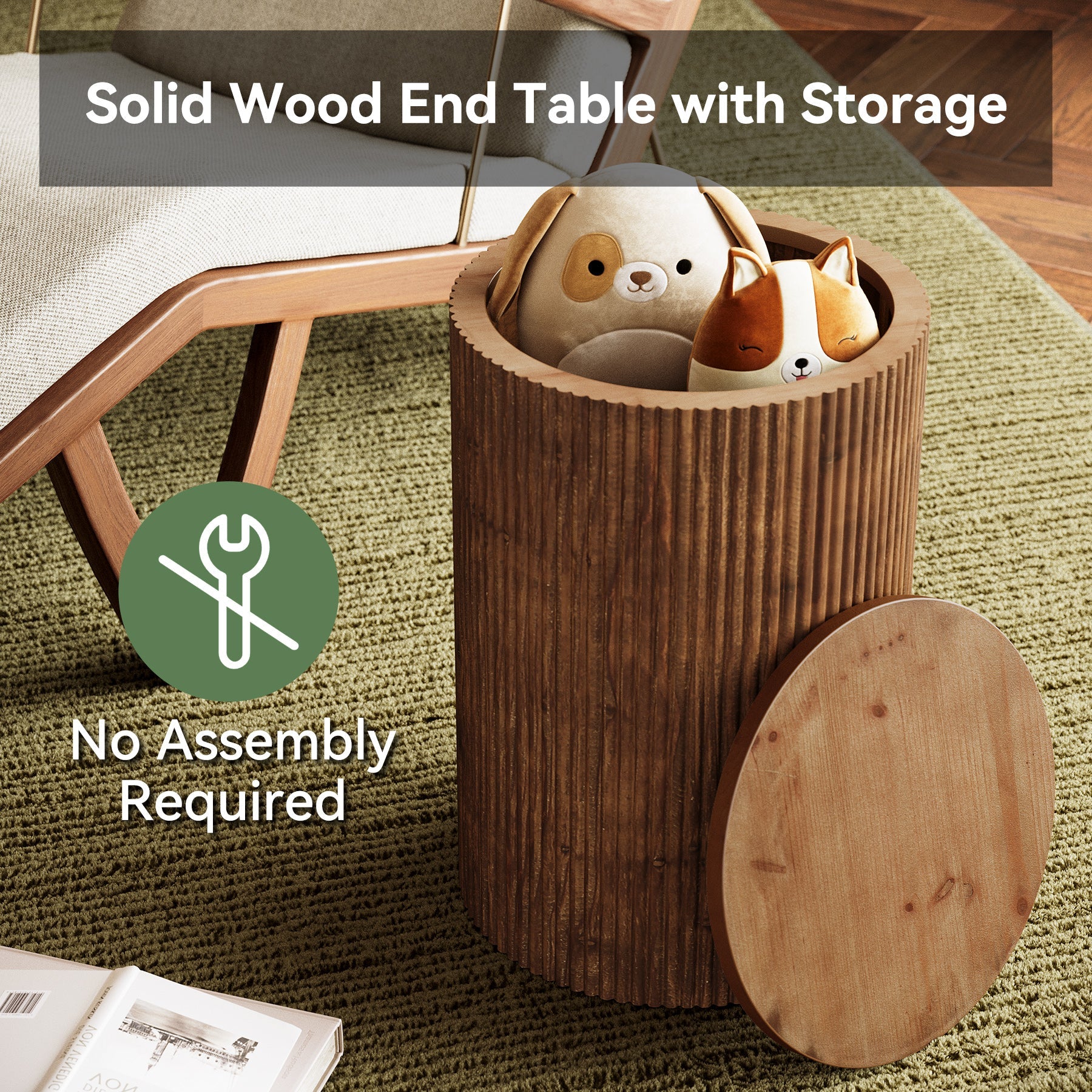 Tribesigns Table d’Appoint Ronde en Bois Massif avec Rangement et 4 Roulettes