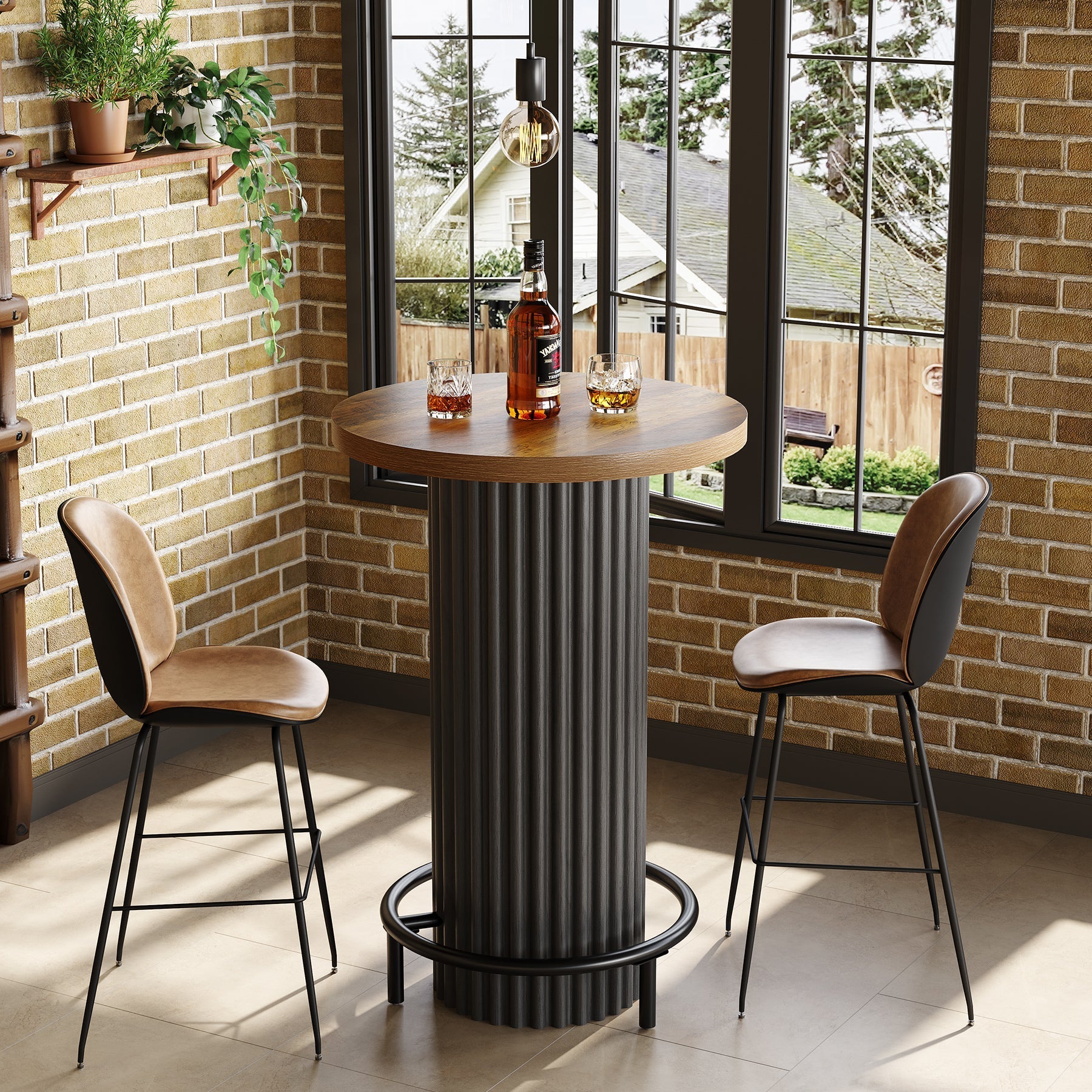 Table haute ronde (hauteur 100 cm), Table de bistrot moderne en bois avec repose-pieds en métal