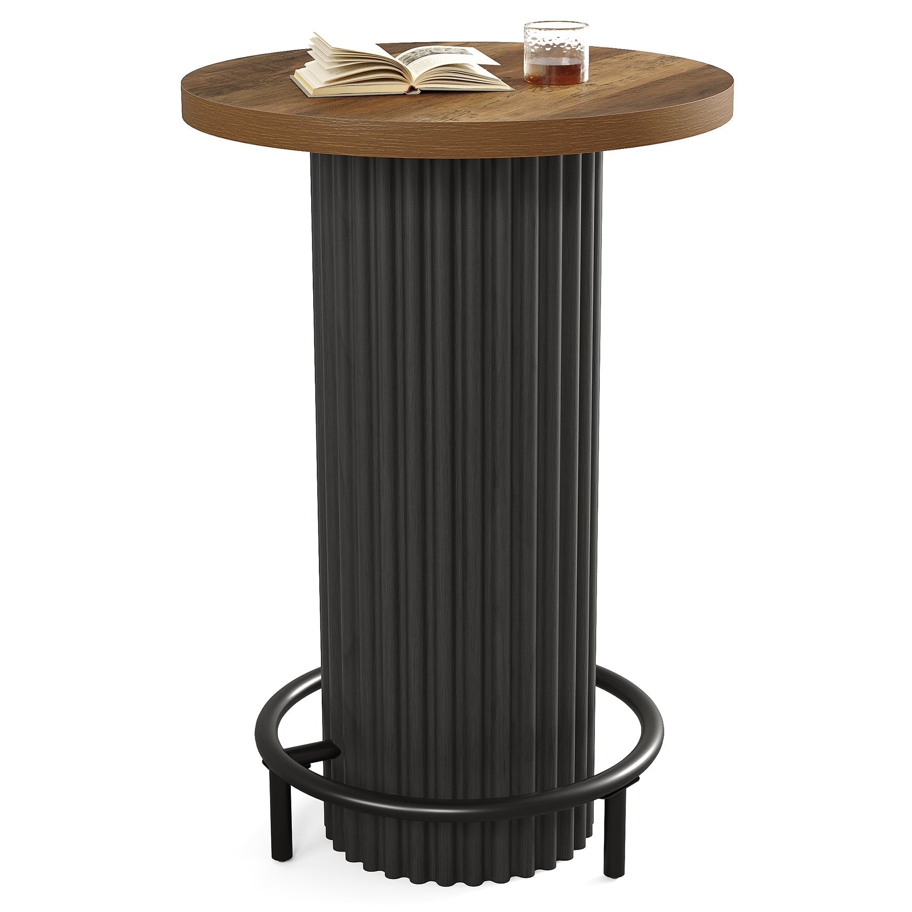 Table haute ronde (hauteur 100 cm), Table de bistrot moderne en bois avec repose-pieds en métal