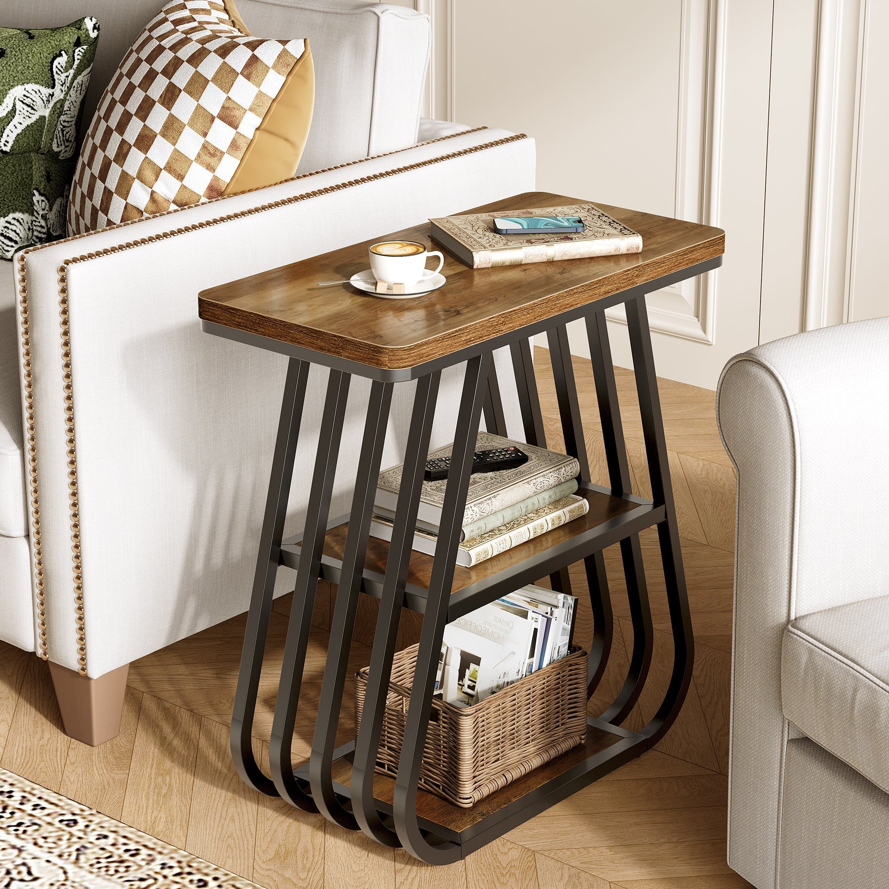 Table d'appoint à 3 niveaux, Table de chevet étroite pour petites chambres Table basse en bois de style industriel