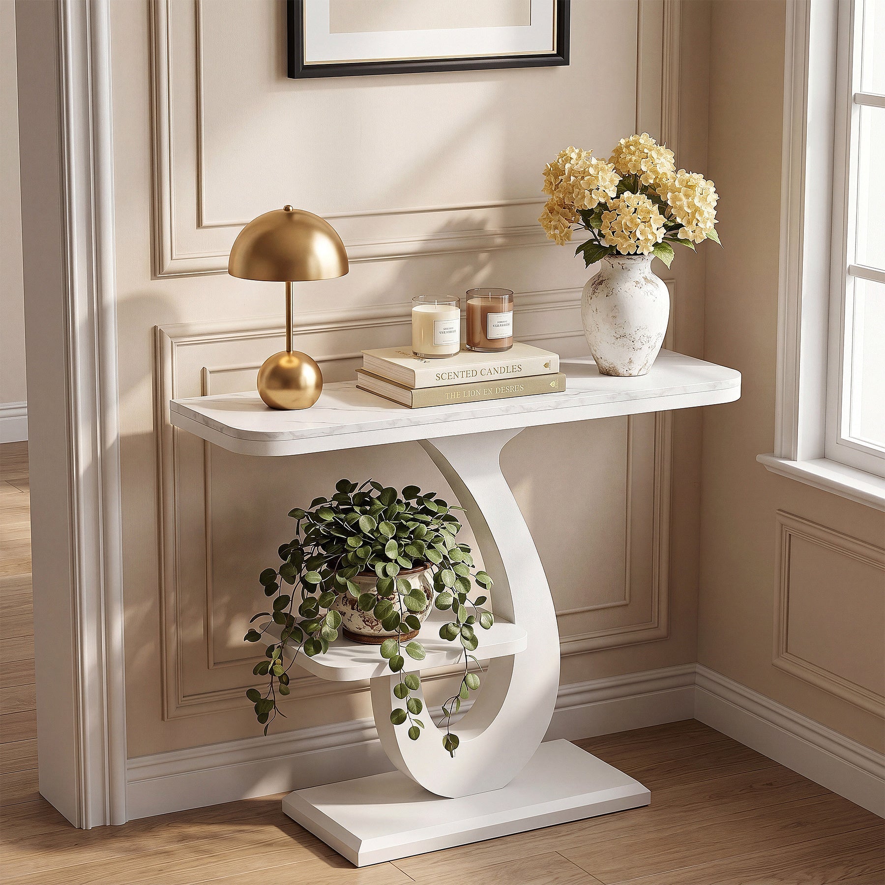 Console blanche de 100 cm, Table d'entrée étroite effet marbre avec étagère